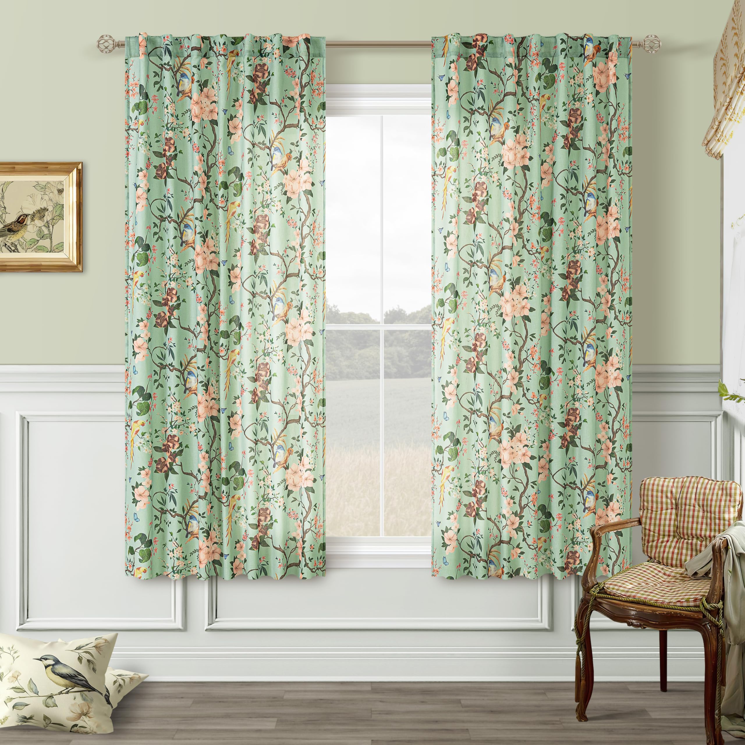 Green Farmhouse Floral Bird Linen Curtains 63 Inch 2 Panels Back Tab | Light Filtering,Semi Sheer,Boho,Leaf Flower Pattern,Seafoam Green,Window Drapes for Dining Living Room Bathroom Kitchen