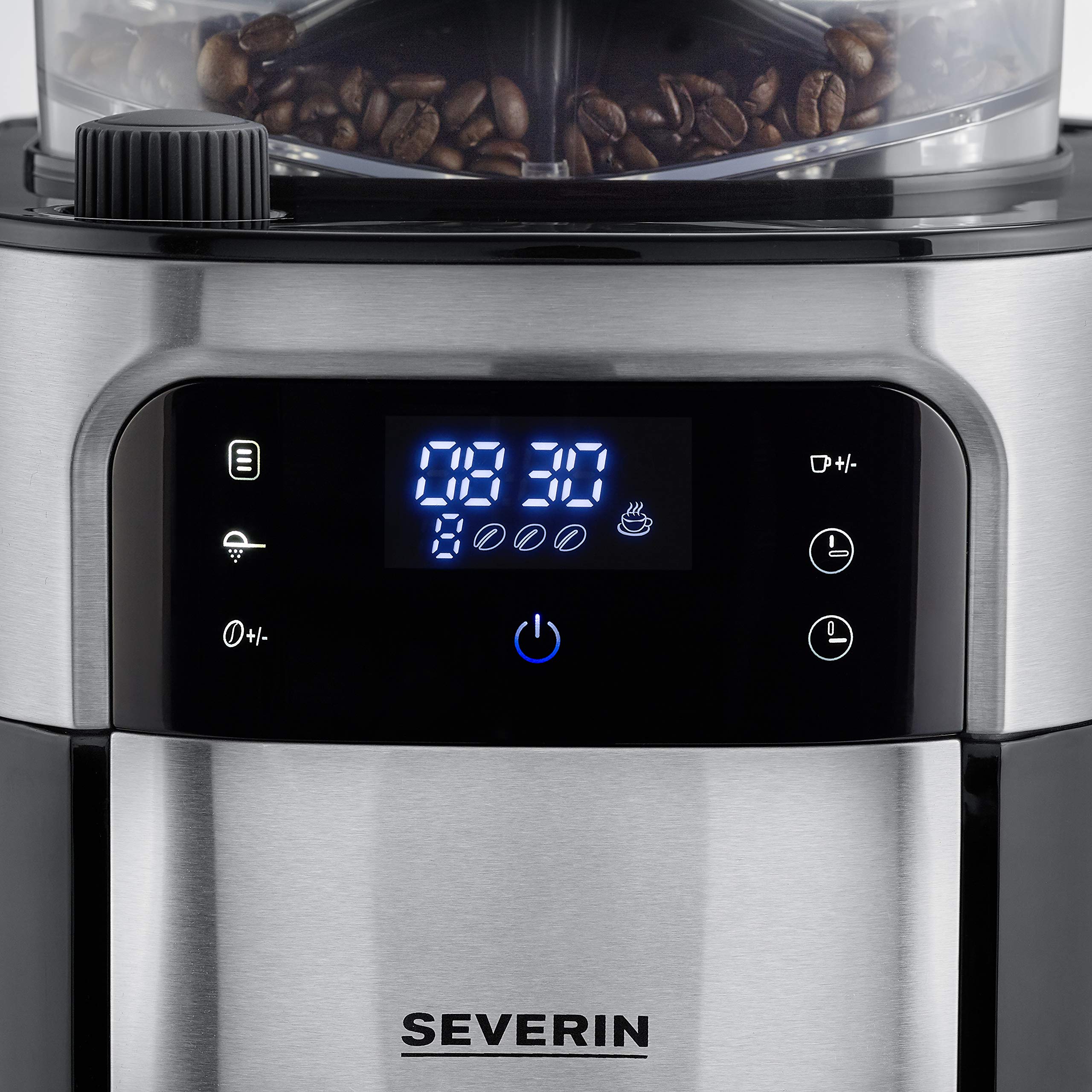 SEVERIN - Cafetera de goteo con molinillo hasta 10 tazas, Cafetera de filtro / Cafetera americana con jarra de cristal de 1l, con pantalla LED con temporizador, Acero inoxidable / Negro, KA 4814