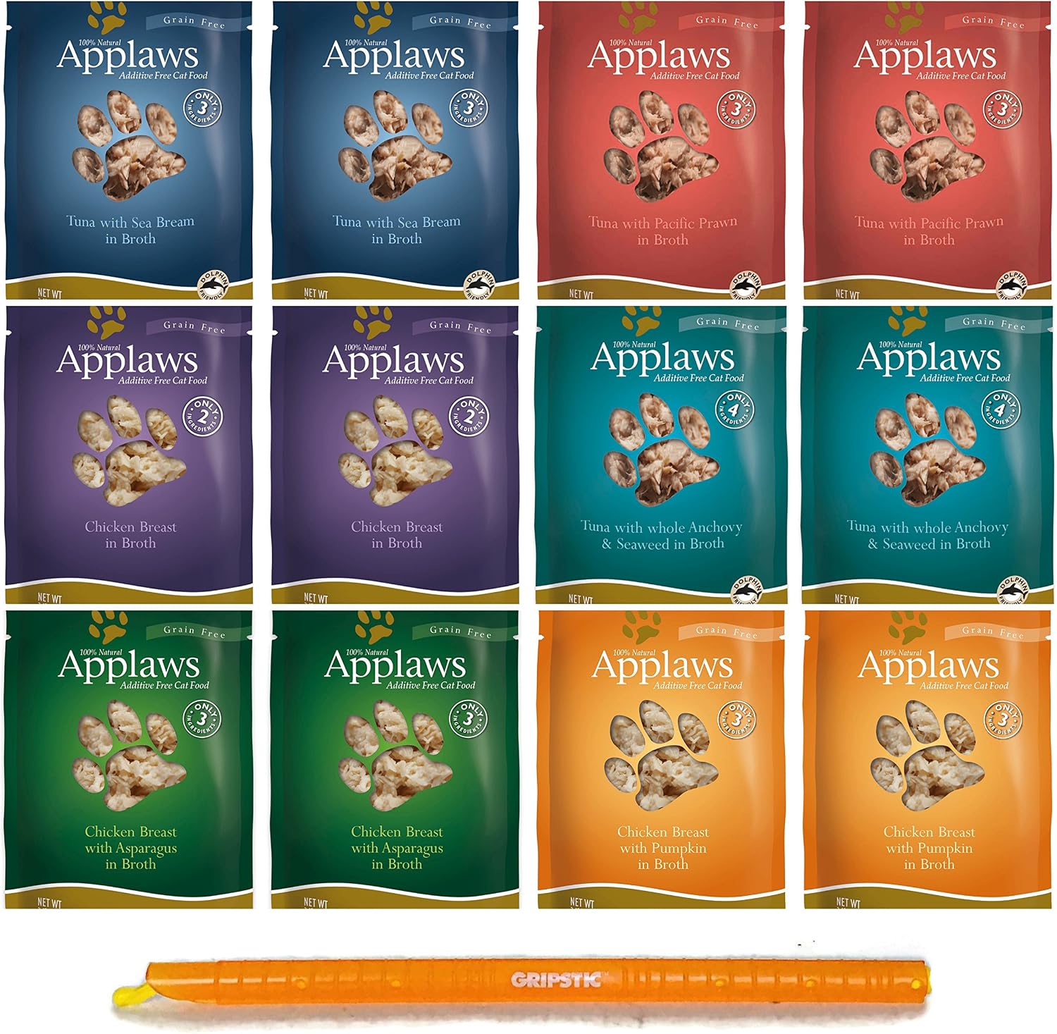Applaws Grain Free Additive Free Cat Food 6 Flavor Variety Bundle (12 Pouches Total, 2.47 Ounces each) Plus 9-Inch Gripstic Bag Sealing…