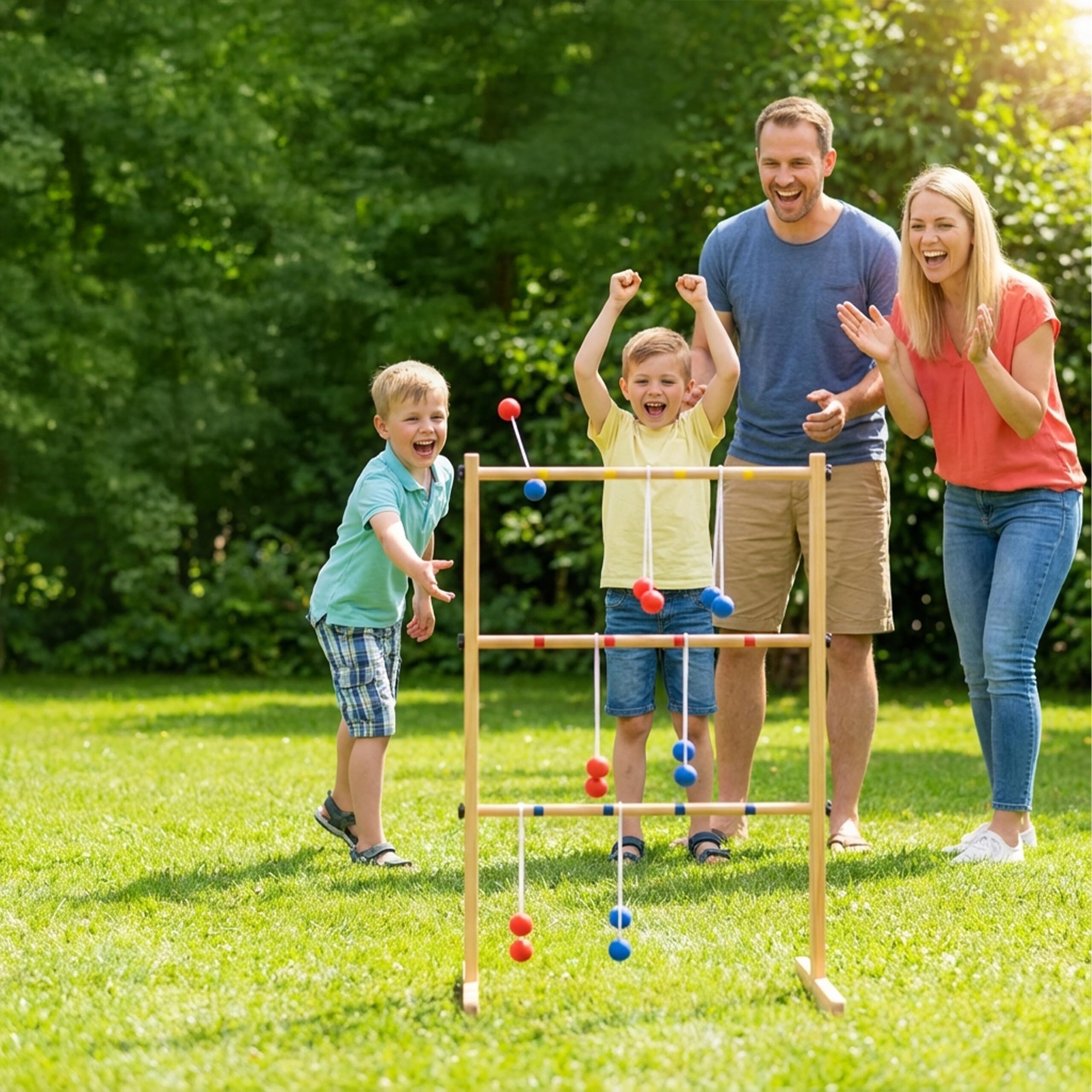 Relaxdays Ladder Golf, Jeu de Lancer extérieur pour Enfants, Bois Naturel, 89×64×45 cm, 6 balles