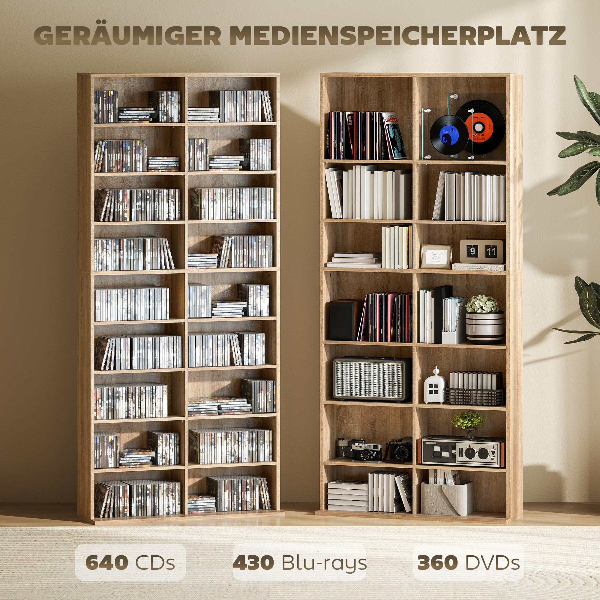 HOMCOM Estantería para CD, DVD y Blu-ray, capacidad para hasta 640 CD, 360 DVD o 430 Blu-rays, estantes ajustables, estantería para salón, 78,5 x 24 x 175 cm, madera natural
