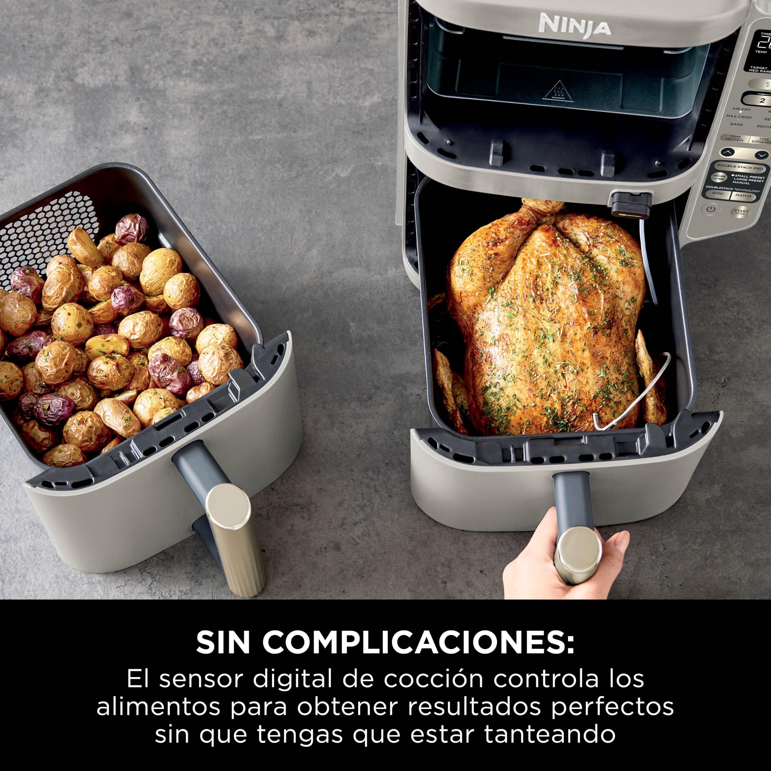 Ninja Double Stack XL, Freidora de Aire, 9,5L, Piedra Dorada, SL451EUSD | Freidora de Aire Vertical de Doble Cajón, 4 Niveles de Cocción, 2 Rejillas, con Sensor Digital de Cocción