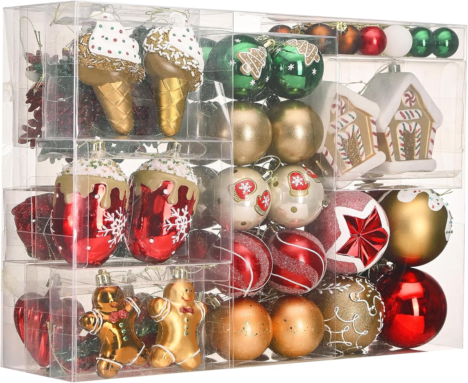 DecorbyHannah 120ct Christmas Ornaments Set, Gingerbread Red Green Gold Christmas Tree Decorations, Assorted Shatterproof Plastic Hanging Ball Ornaments Bulk for Xmas Home Party Indoor Decor