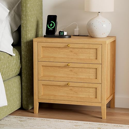 Miniatura 6 de Mesita de noche de granja con 3 cajones, mesita de noche más grande con estación de carga, mesa auxiliar de cama alta, mesitas de noche anchas para