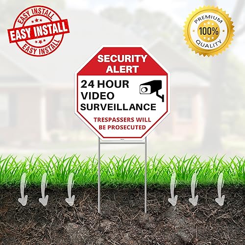 Miniatura 5 de 2 carteles de videovigilancia de 24 horas con estacas, 13 x 13 pulgadas, plástico corrugado, señales de no pasar para el hogar, patio al aire libre,