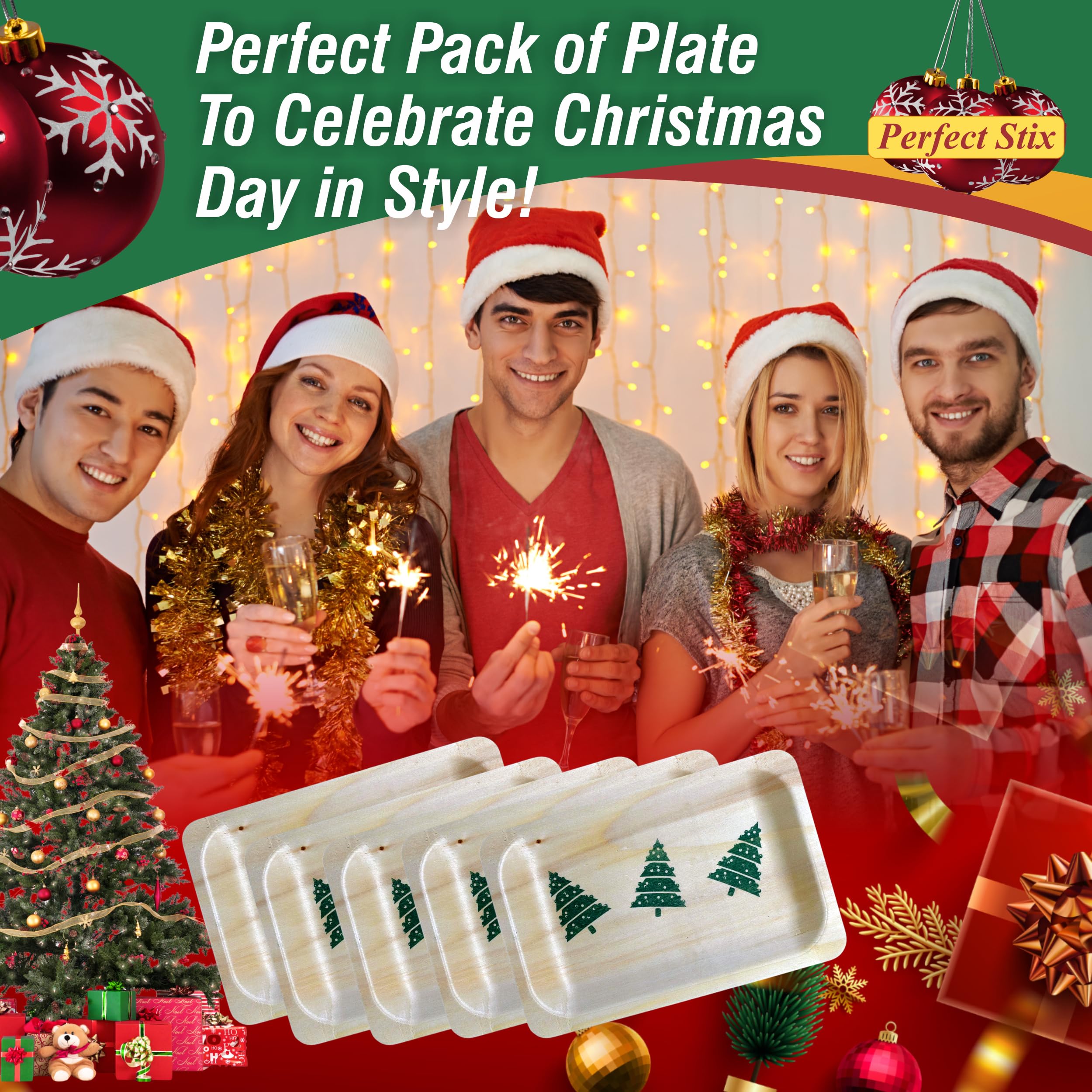 Perfect Stix Plato de madera desechable de 17,78 cm con estampado de árbol de Navidad, paquete de 25 unidades
