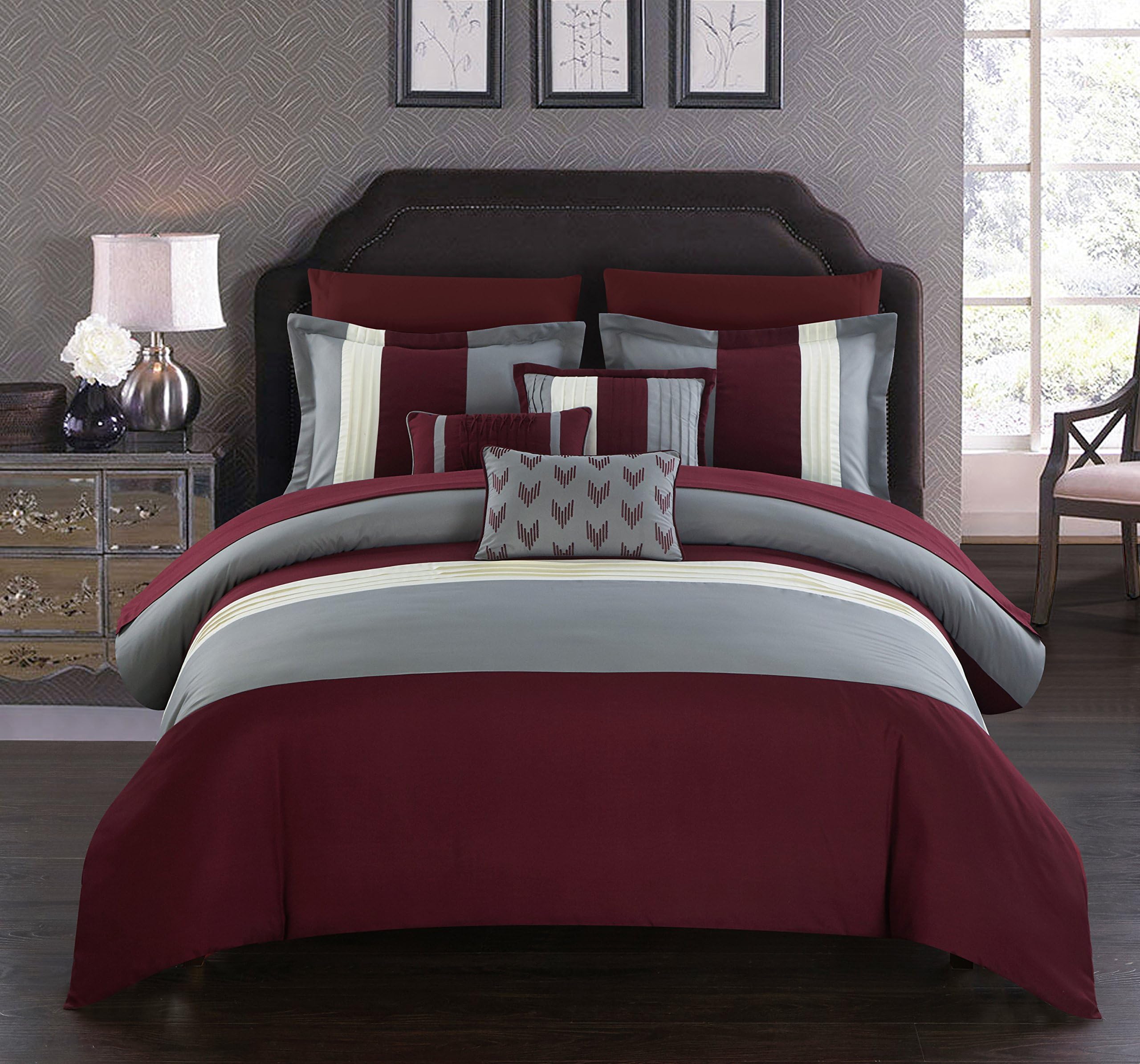 Burgundy Bed in a Bag Comforter Set, Queen Size (10 Pieces), Ayelet - Color Block Stripe Premium Microfiber Bedding - Comforter, Flat & Fitted Sheet, Shams, Pillowcases & Decorative Pillows