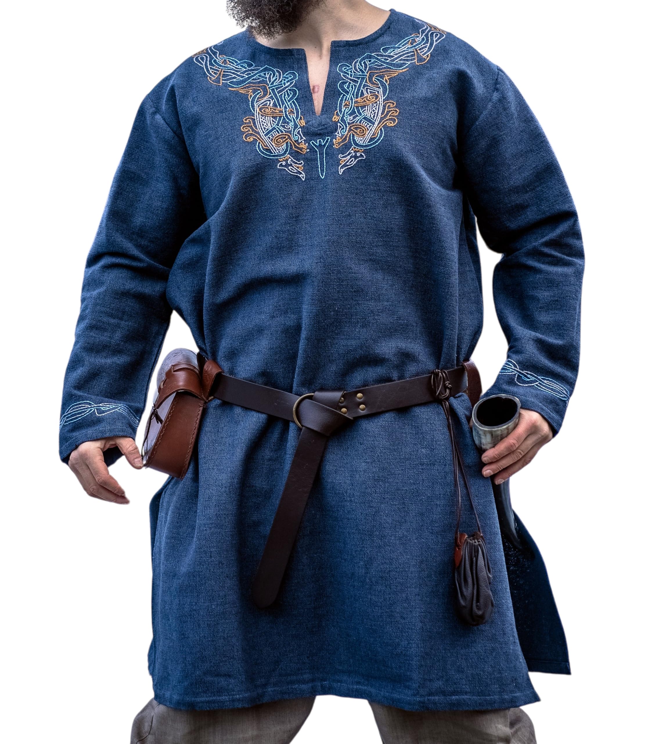 Leonardo Carbone® Tunique viking Snorri - Vêtement médiéval pour homme, chemise médiévale, costume de carnaval pour homme, tunique viking, vêtements LARP - 100 % coton avec broderie urnes