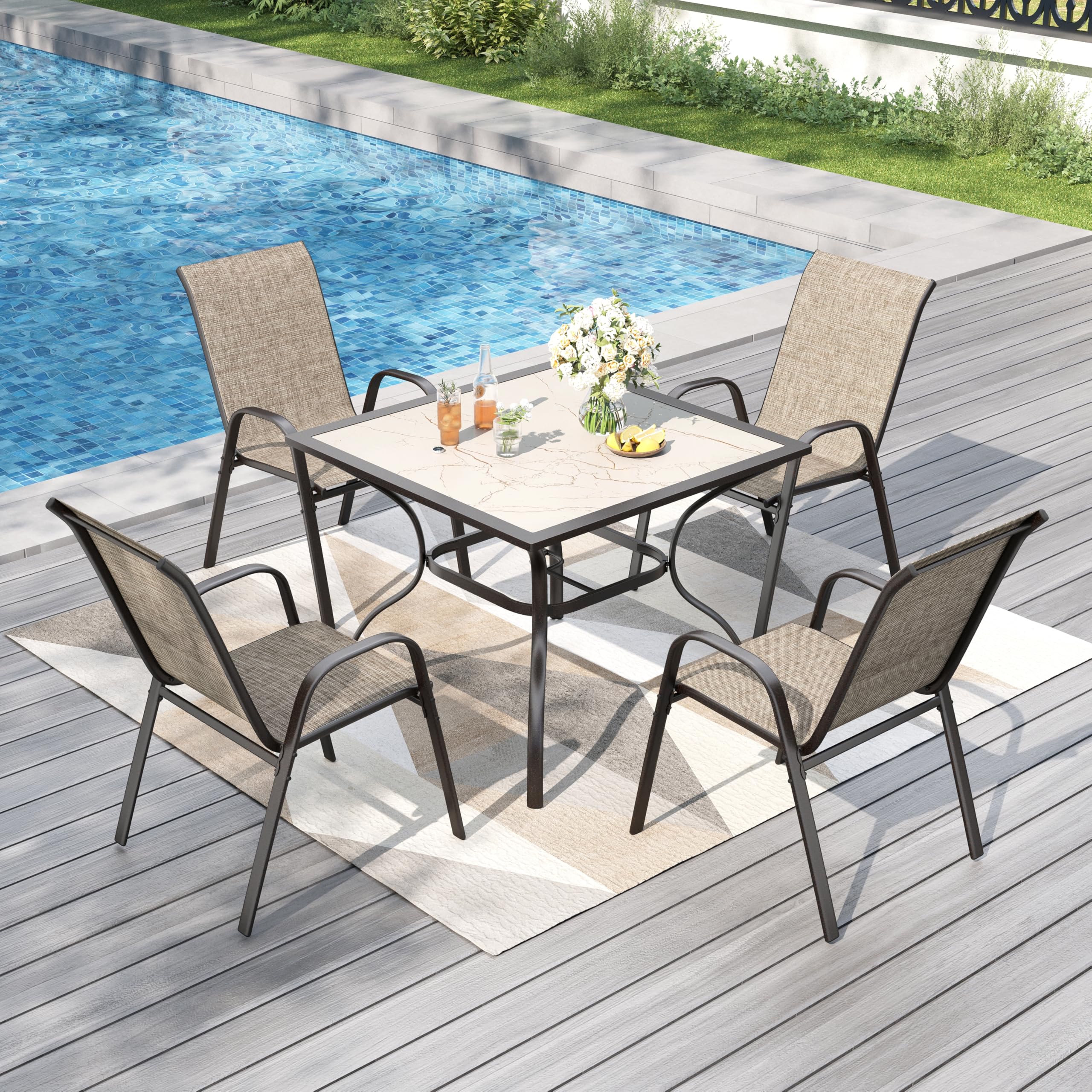PHI VILLA Garden Table and Chairs for 4, 5 Pieces Outdoor Dining Set with 1 Square Metal Marble Texture Table and 4 Stackable Textilene Chairs, 4 Seater E-Coating Patio Table Set for Backyard Poolside