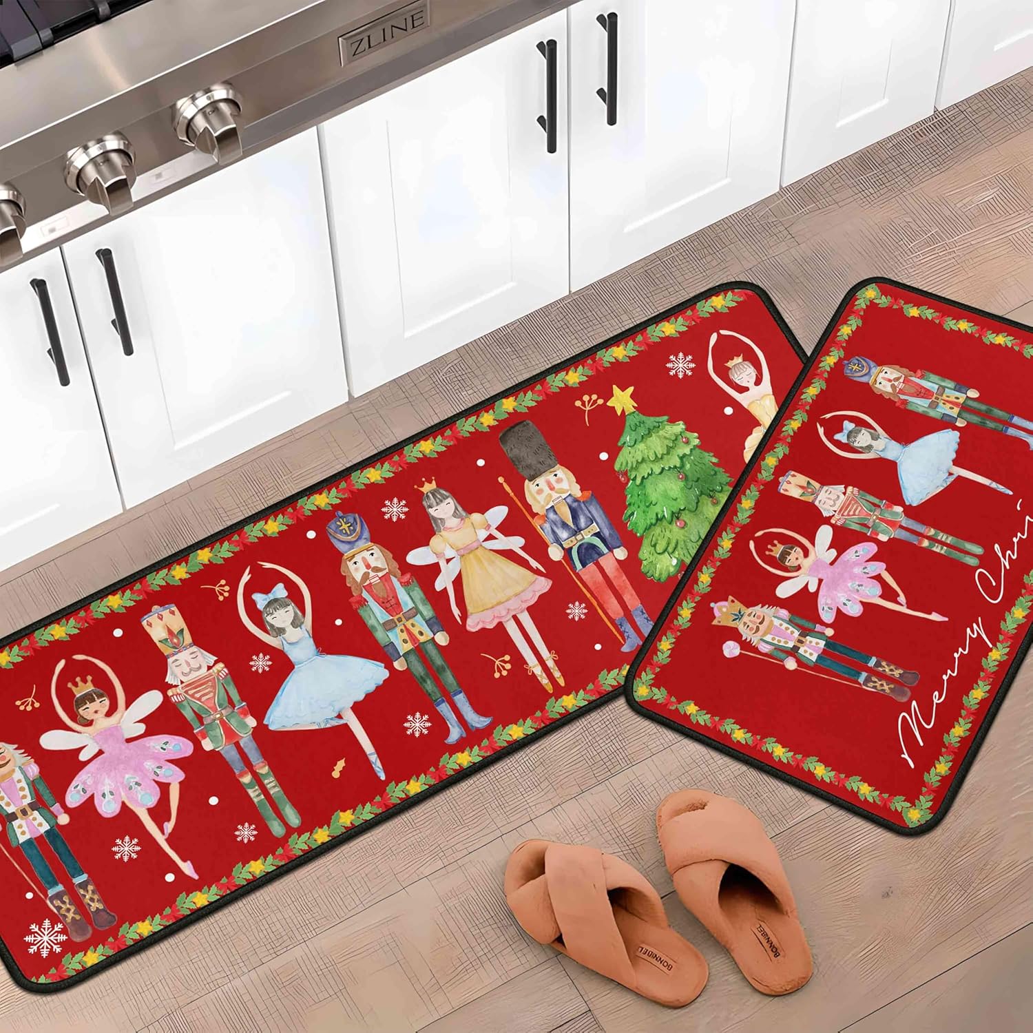 Nutcrackers Merry Christmas Kitchen Rugs Set of 2, Red Nutcracker Christmas Decor, Merry Xmas Rug Winter Mats, Xmas Decorations for Home, Low-Profile Kitchen Floor Mat (Red, 17"x47"+17"x30")