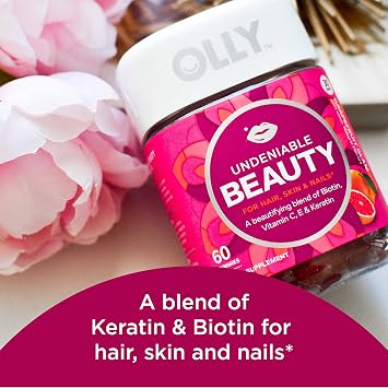 OLLY Undeniable Beauty Gummy, for Hair, Skin, Nails, Biotin, Vitamin C, Keratin, Chewable Supplement, Grapefruit, 30 Day Supply - 120 Count
