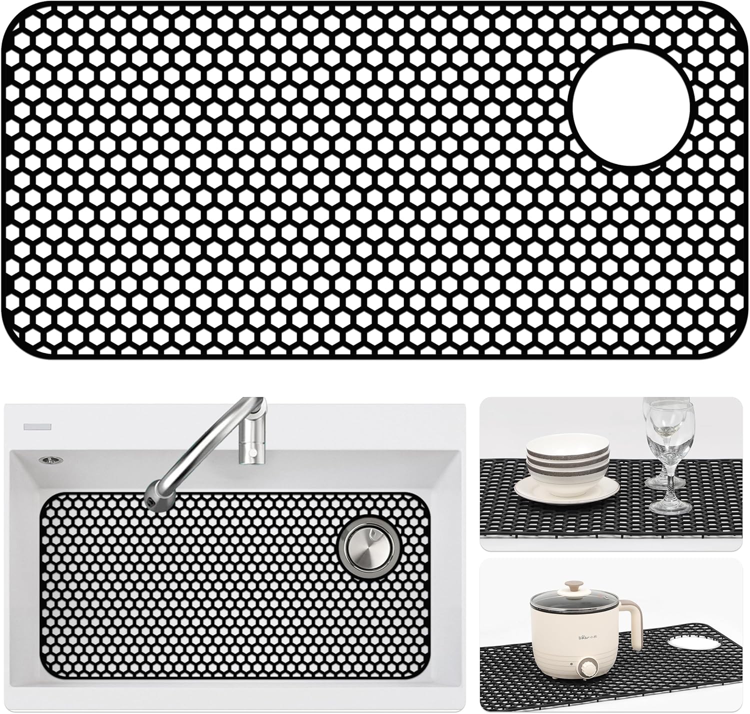 Silicone Sink Protectors for Kitchen Sink - 28.4"x 14.3" Kitchen Protector Accessory, Non-Slip Heat Resistant Mat for Bottom of Farmhouse Porcelain Stainless Steel(Top Right Drain Hole,Black) 28.4" x 14.3" x 0.37" Black(1 Pack)