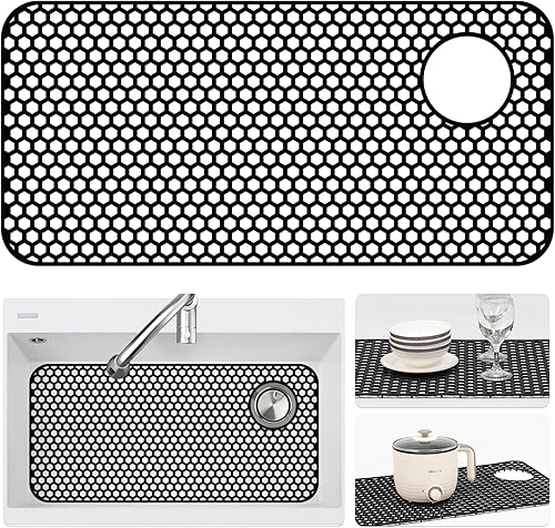 Miniatura 136 de Paquete de 2 tapetes de silicona para fregadero de 13.58 x 11.6 pulgadas, protectores para fregadero de cocina con drenaje central, rejilla Gris
