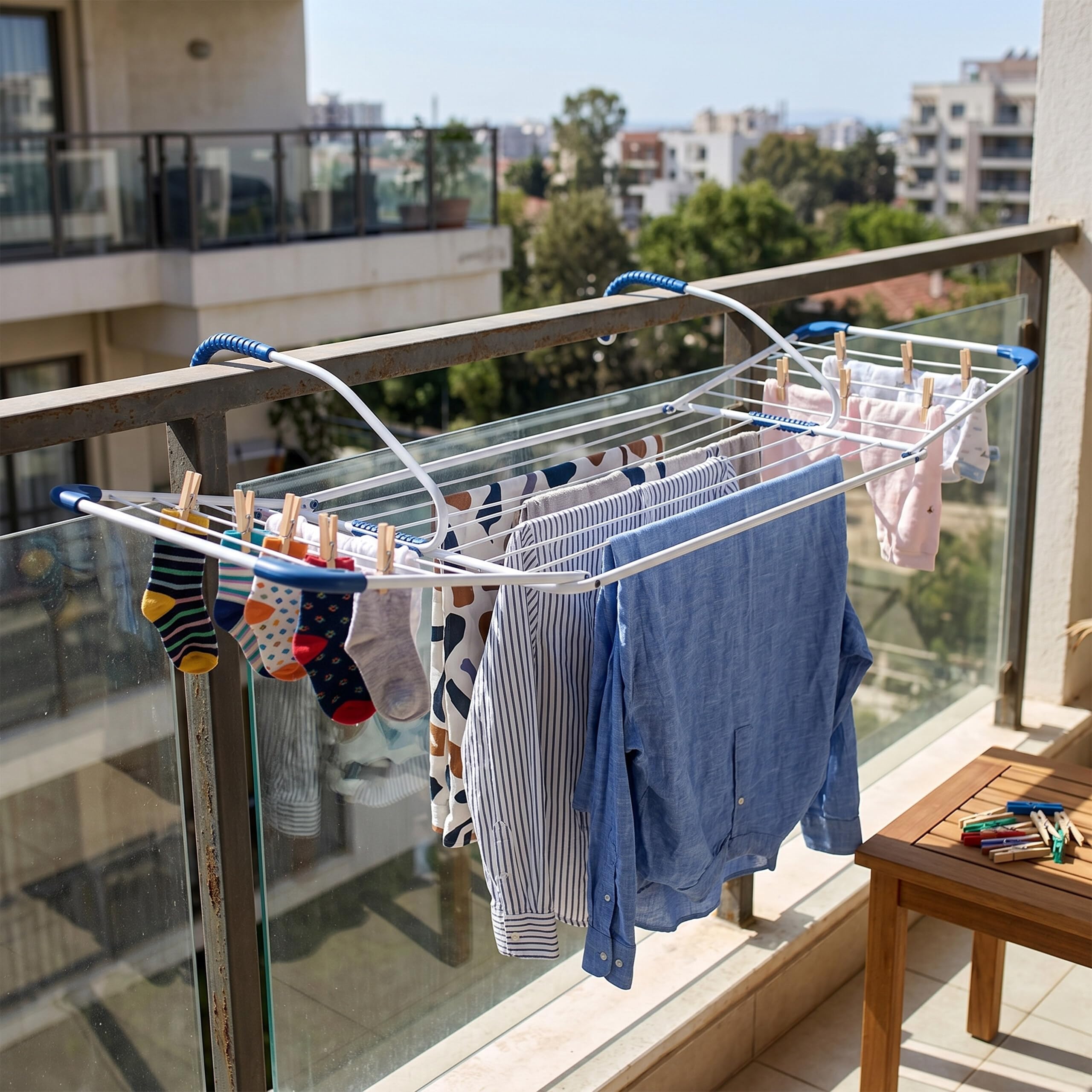 Relaxdays Stendibiancheria 15 m di spazio d'asciugatura, bianco/blu | Da appendere a termosifoni e balconi, acciaio