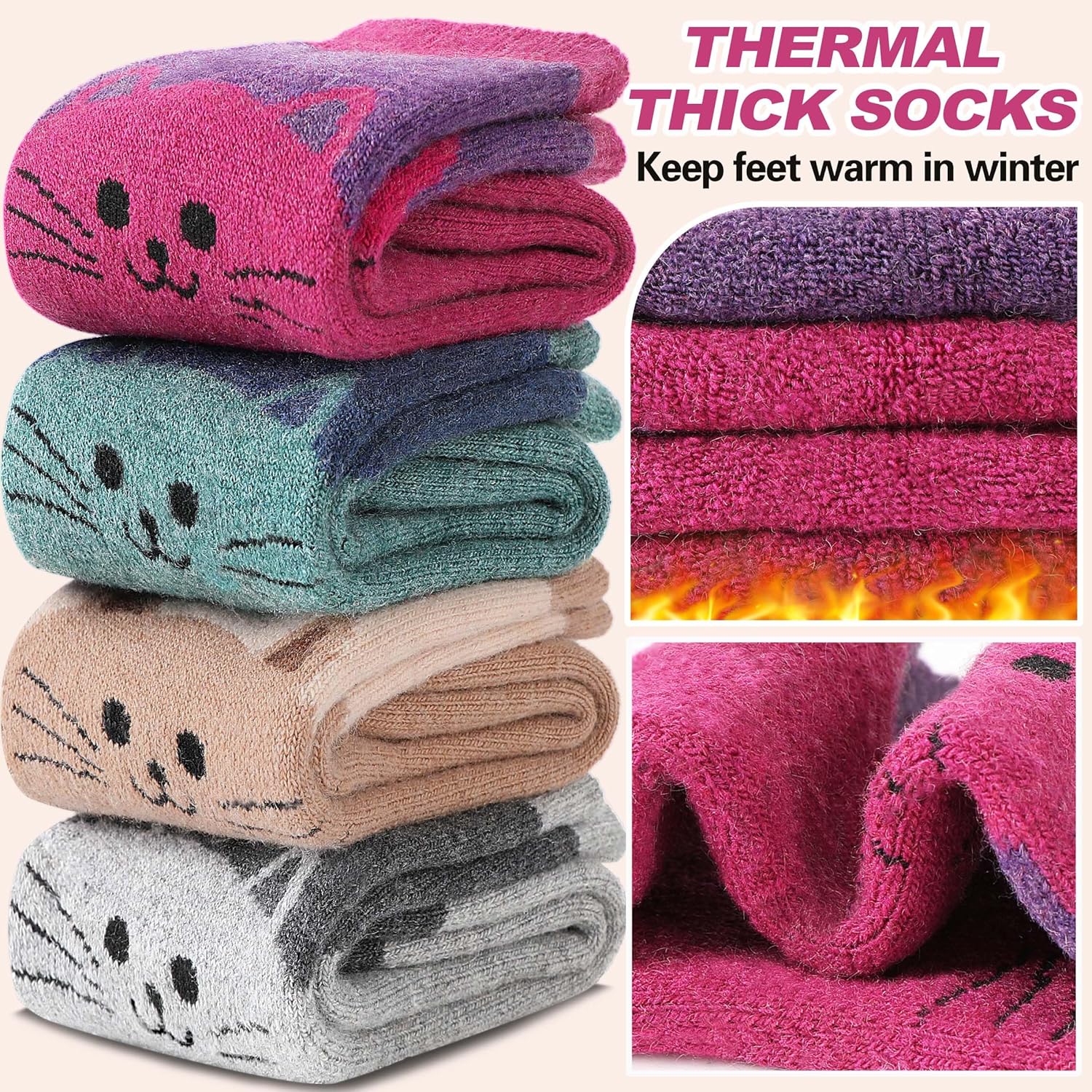 Women Merino Wool Cat Socks Thermal Winter Warm Thick Cozy Cute Fun Crew Boot Socks 5 Pairs - Image 2