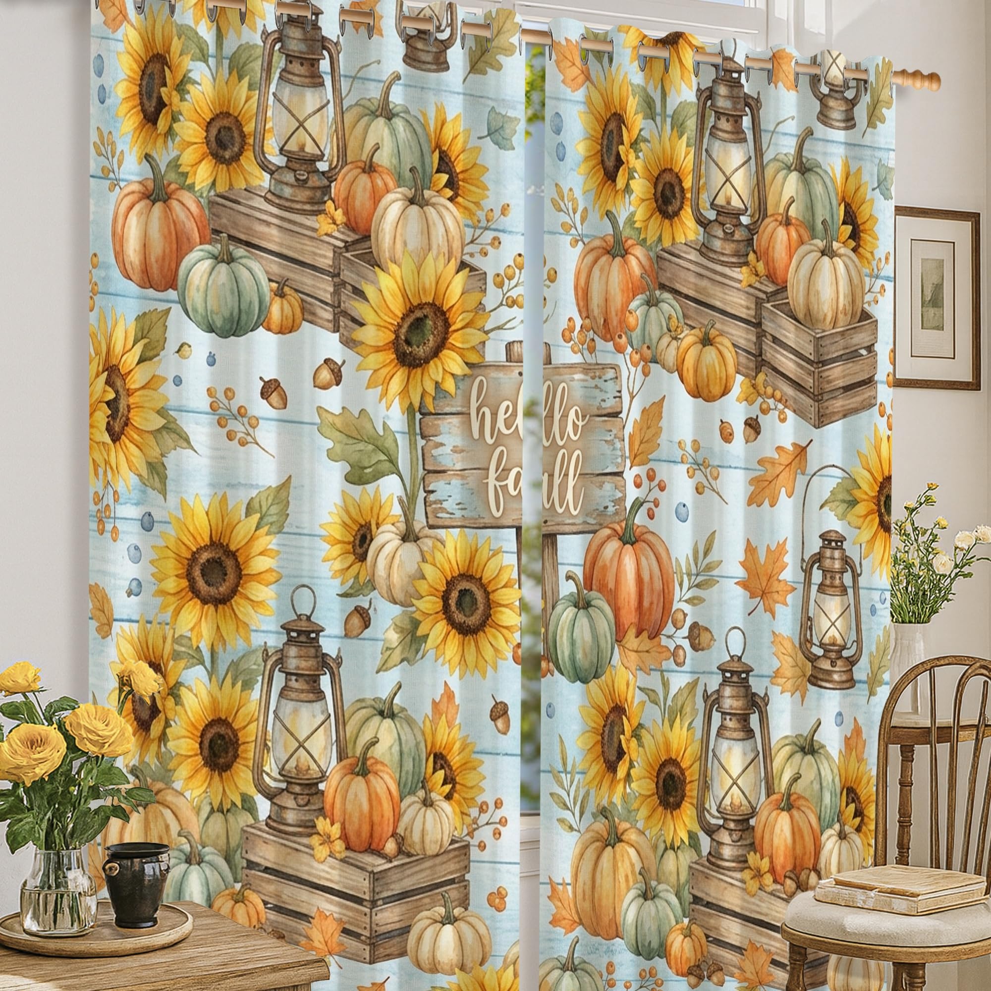 Rideaux occultants automne bleu 132x160 cm motif tournesol et citrouille