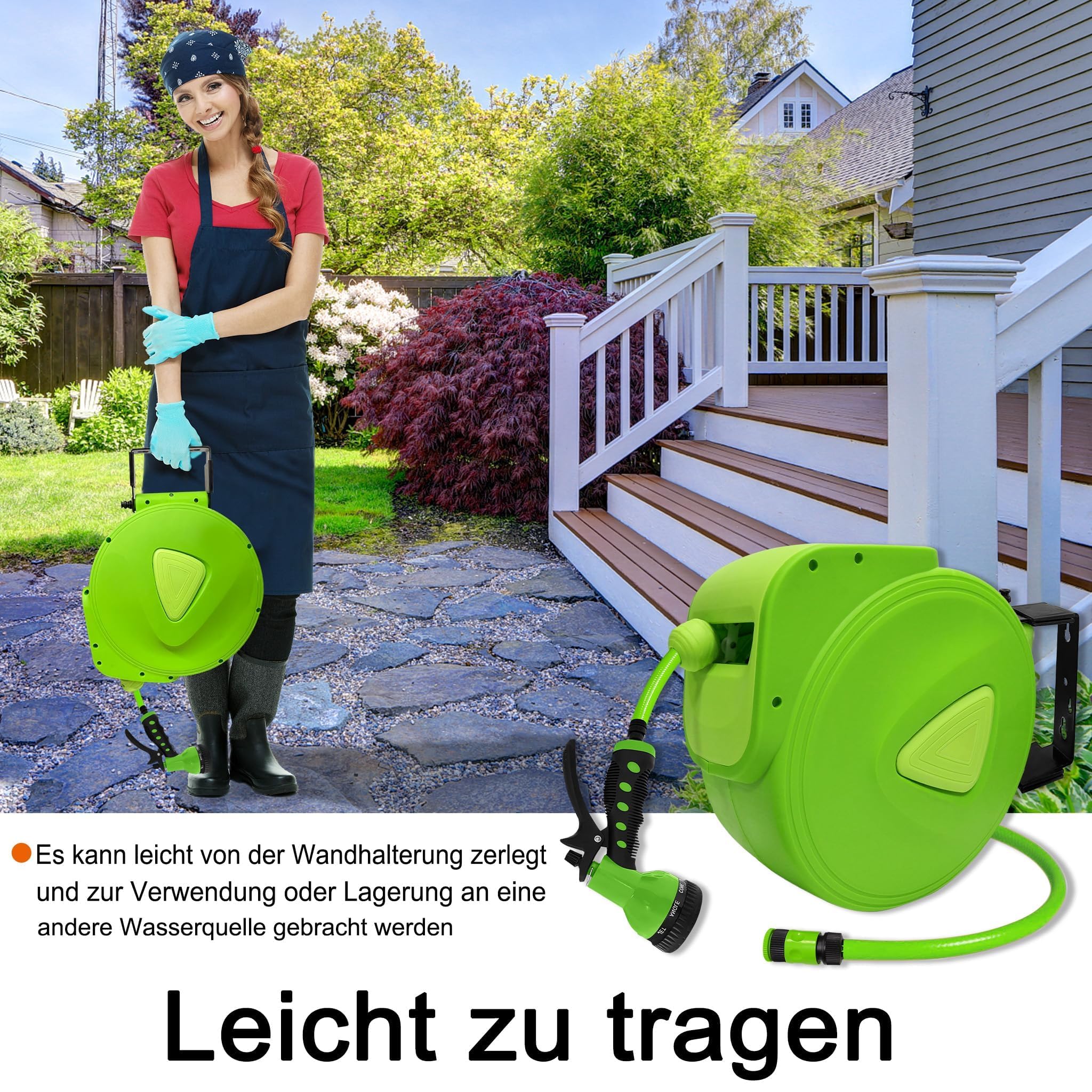 UISEBRT Tambor de manguera de 20 + 2 m para manguera de jardín, caja giratoria de 180° con soporte de pared, tambor de manguera de agua automático para jardín, riego, lavado de coche