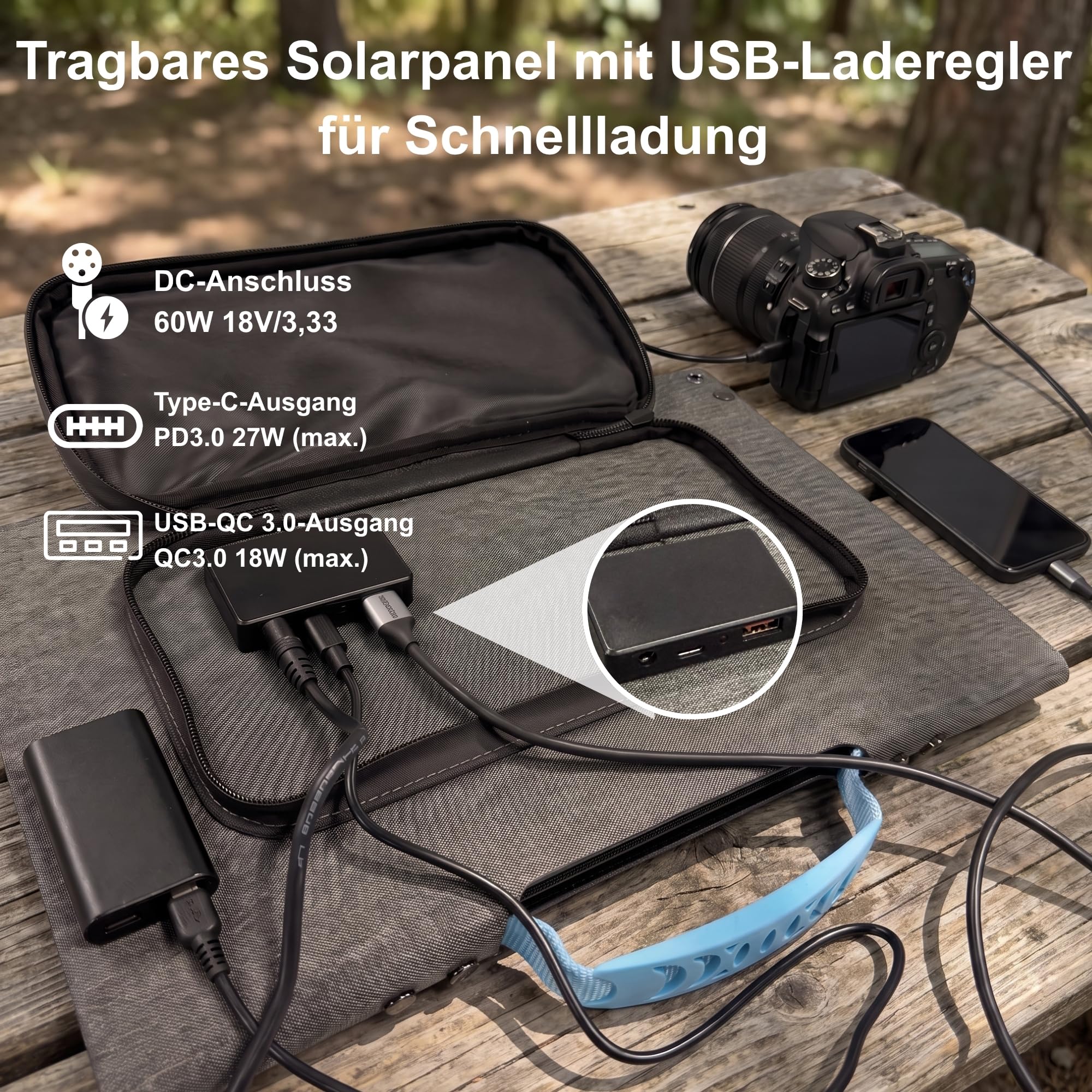 60W Solarpanel, tragbares Solarpanel mit USB-C-, USB-A- und DC-Ausgängen, faltbares ETFE Solarpanel Ladegerät für iPhone, iPad, Powerbank, Camping, Wandern, kleine Generatoren