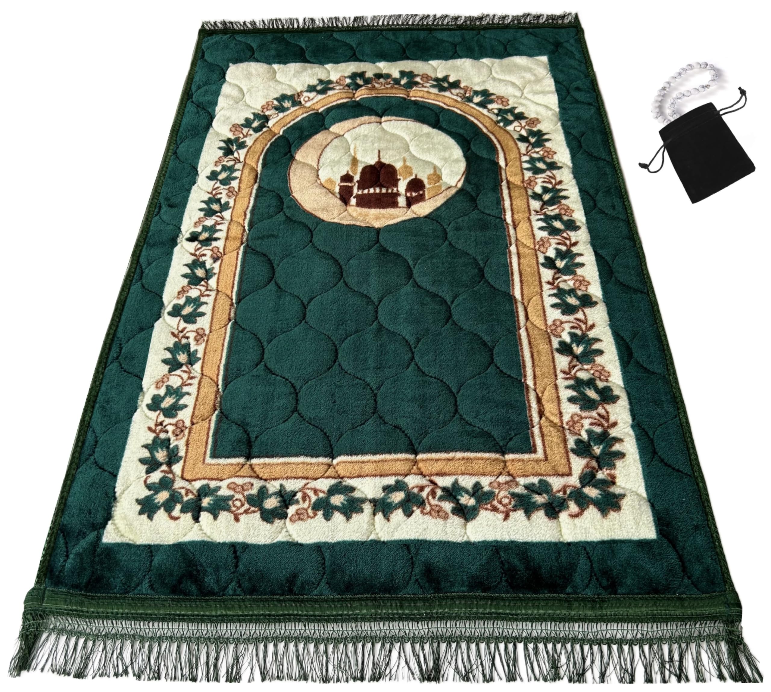 Prayer Rug Muslim Prayer Mat Islamic - Very Thick Prayer Rug Sajadah for Men Women with Islam Prayer Beads for Eid Travel Ramadan, Soft and Luxury (Green)