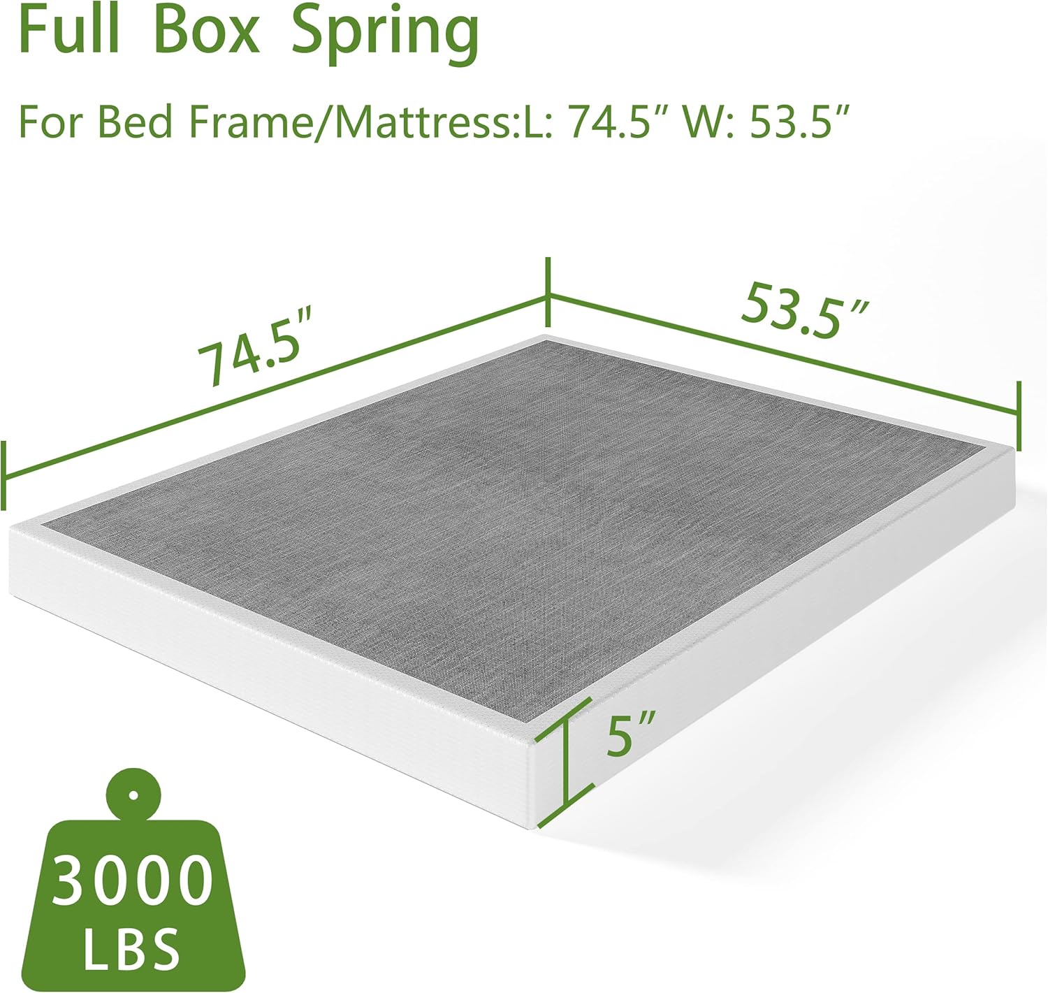 Box Spring 5 Inch Low Profile | Full, Heavy Duty Metal, Easy Clean Fabric, Non-Slip, Noise Free, Easy Assembly
