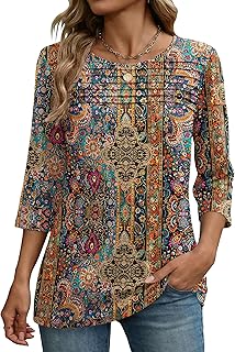 Zeagoo Womens Tops 3/4 Length Sleeve Blouses Dressy Casual Shirt Pleated Front Tunic Floral Printed Spring Clothes