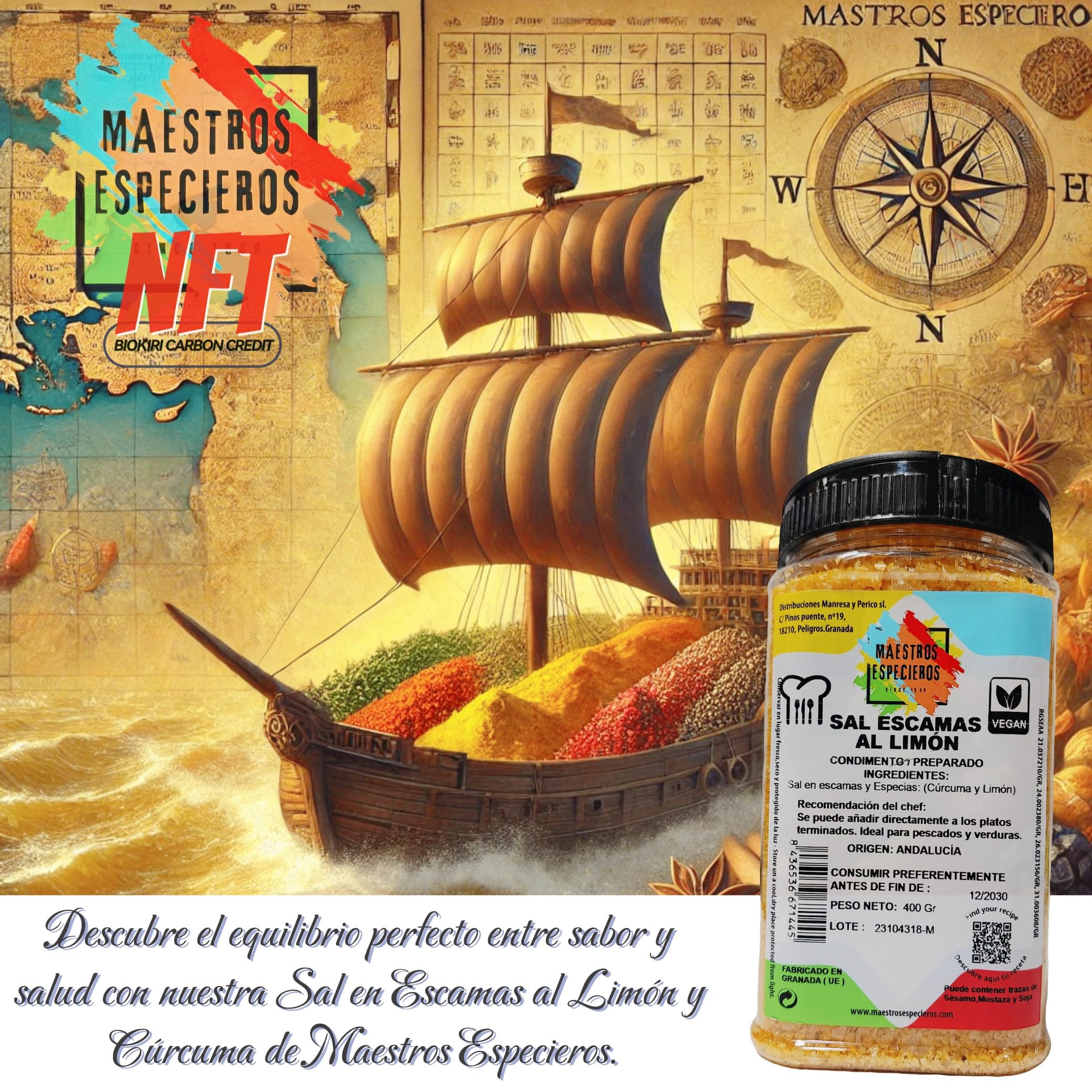 Sal en Escamas con Limón y Cúrcuma 400g – Maestros Especieros Gourmet Artesanal de Origen Andalucía – Sabor Intenso y Natural – Toque Exótico para tus Platos