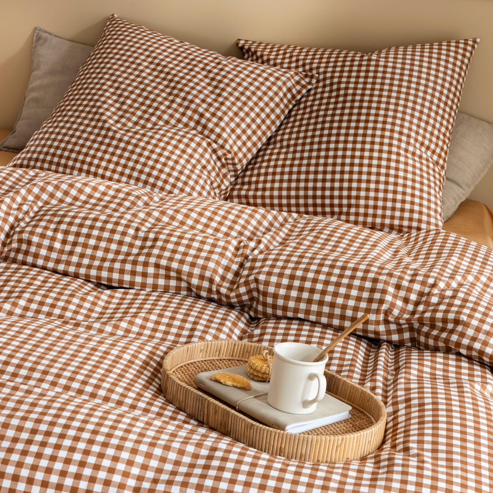 Terre de Nuit - Parure de lit Vichy 140x200 Marron - Marron Noisette - Carreaux - 57 Fils/cm² - Base Droite