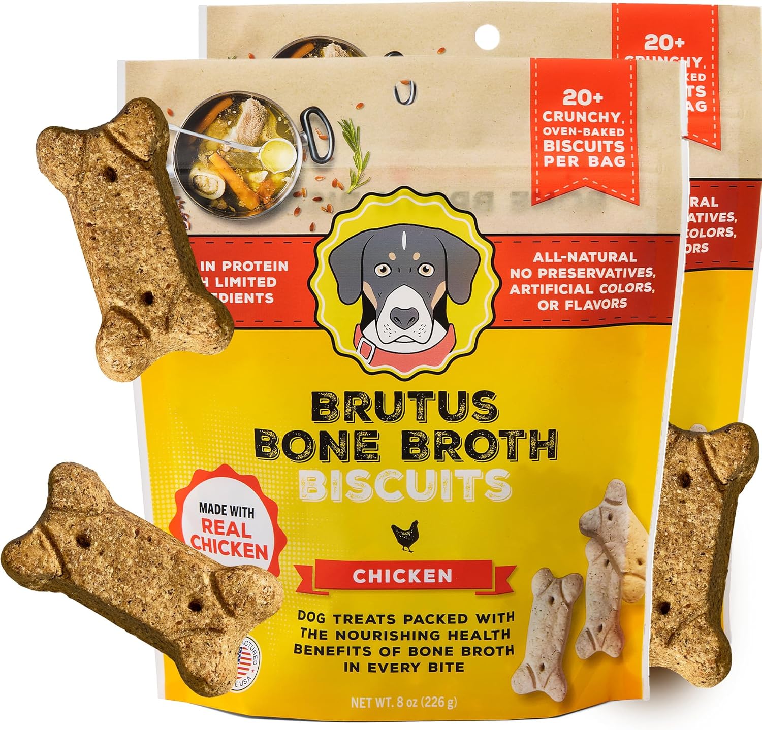 Brutus Bone Broth Biscuits for Dogs - Protein-Rich Dog Treats with Bone Broth and Real Chicken Meat - All Natural and Tasty - 8oz, Pack of 6_, Chicken Flavor