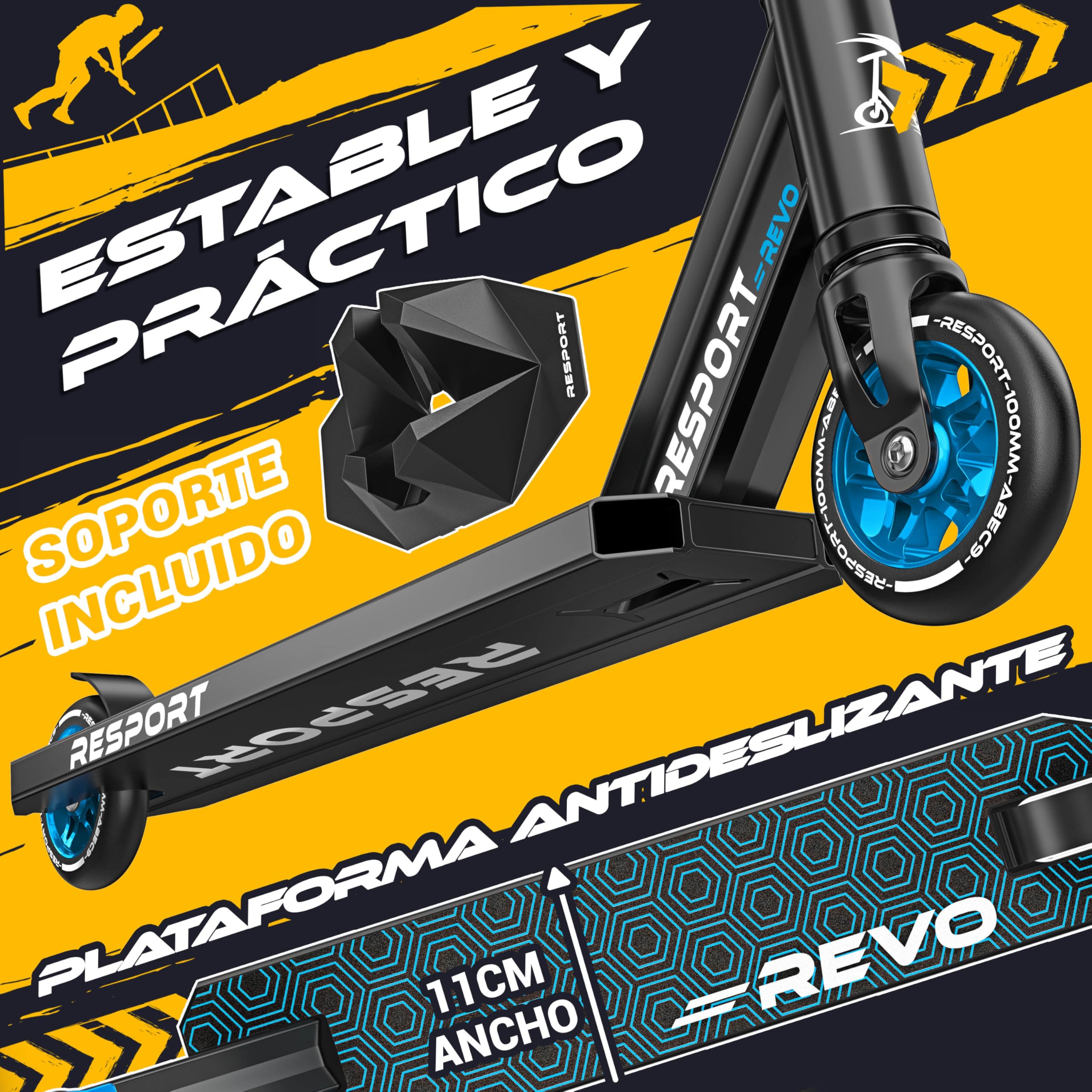 RE:SPORT Patinete de acrobacias Revo para niños y adultos con soporte, patinete profesional de 100 mm, ruedas de poliuretano y barra en Y, patinete de acrobacias, patinete ABEC 9, rodamientos de bolas