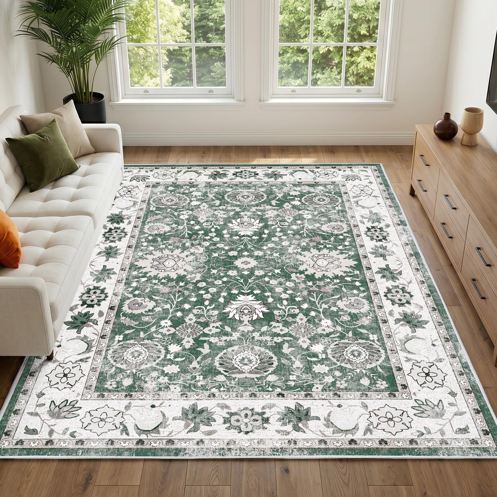 IKALIFE Extra Large Area Rug - 240x340 cm Non-Slip Washable Living Room Rug, Soft Low Pile Vintage Floral Print Floor Carpet, Bedroom Lounge Traditional Carpet, Green — image 1