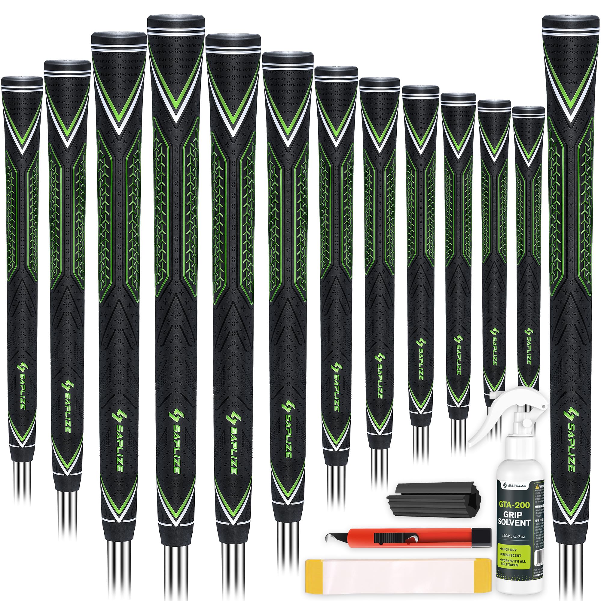 SAPLIZE High-Performance Rubber Golf Grips, High Shock Absorption, Non-Slip, 13 Grips with All Kits, Midsize, Green, CC10 Golf Club Grips