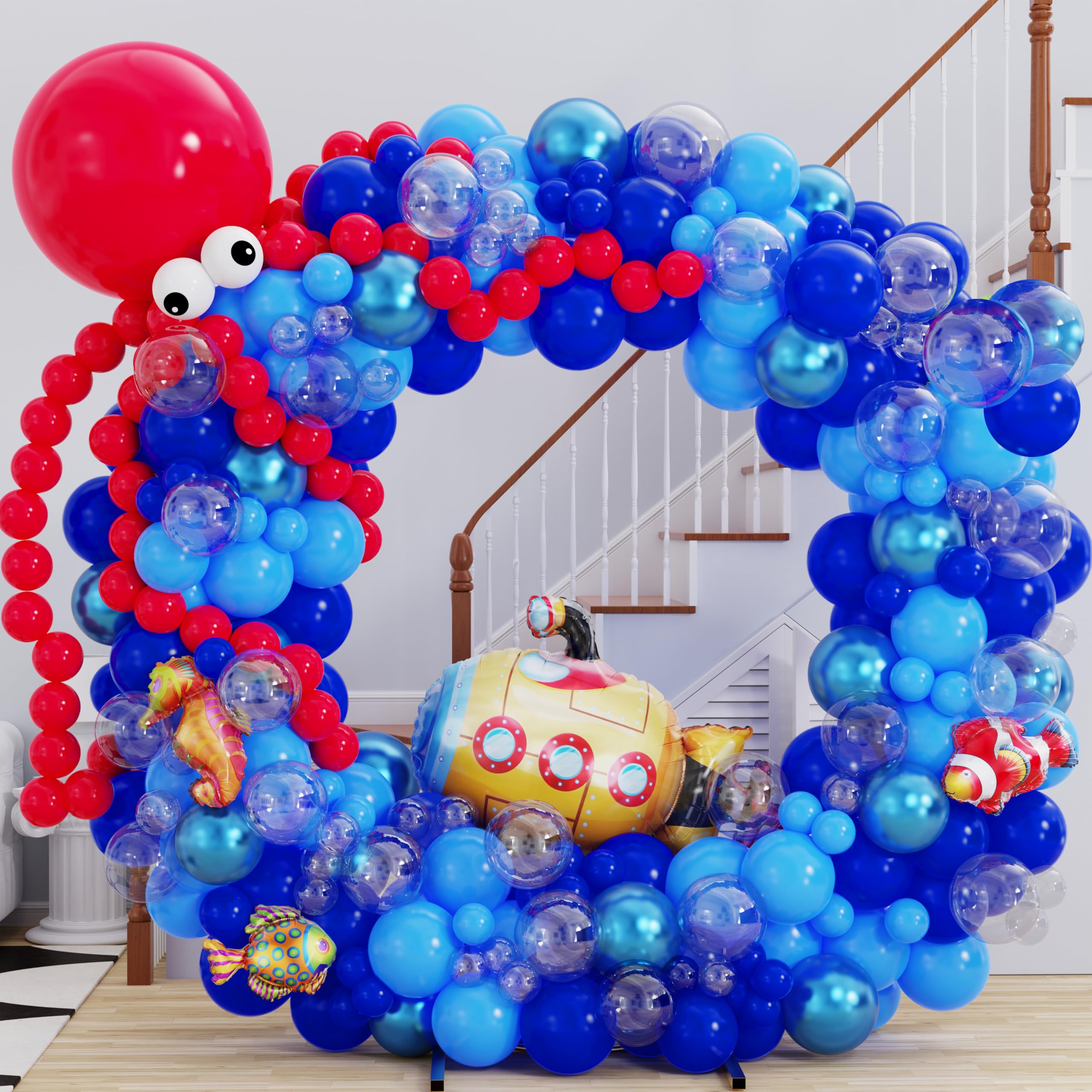 Ocean Balloon Garland Arch Kit, 168pcs Under the Sea Party Decorations with Fish Sea Horse Submarine and Octopus Balloons for Undersea Themed Party
