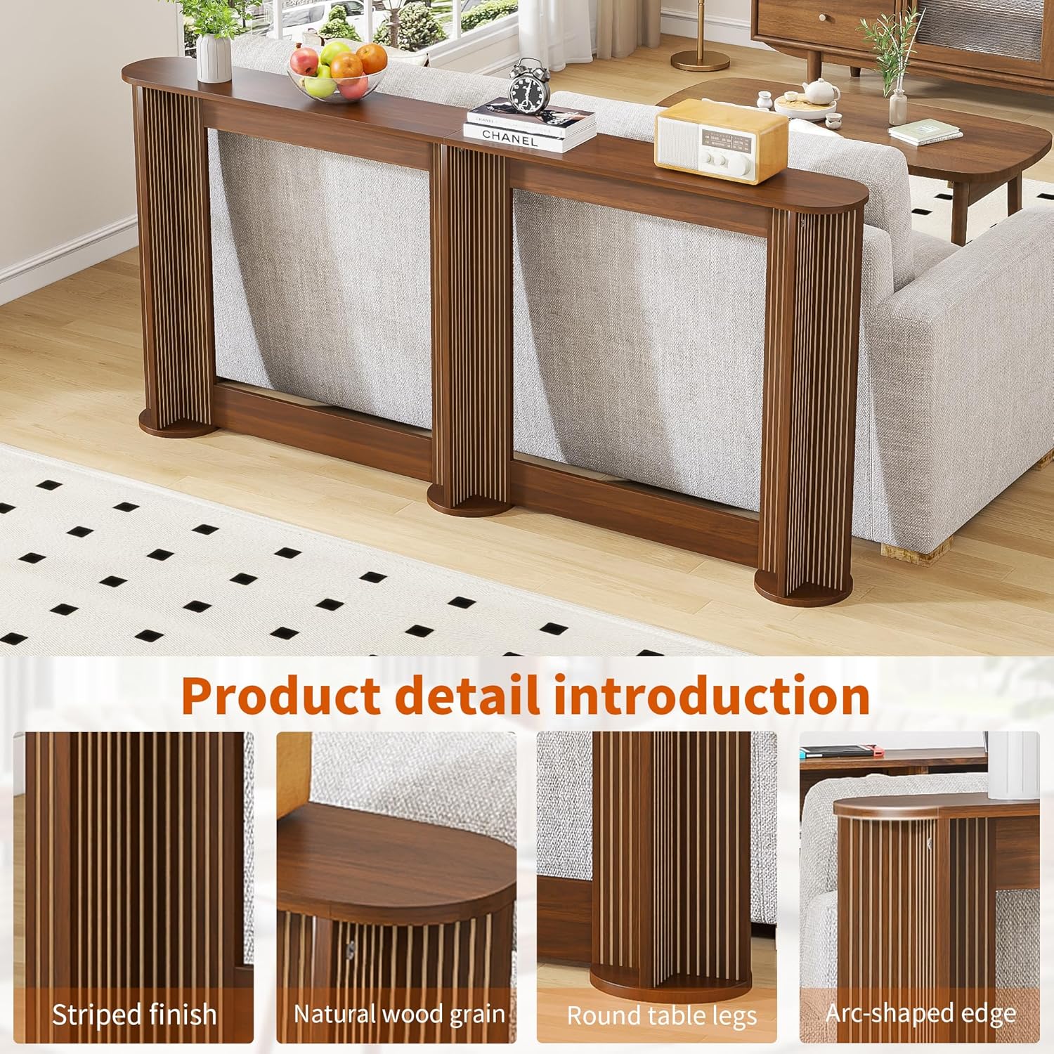 71 Inch Narrow Console Table Behind Couch, Mid-Century Modern Fluted Skinny Entryway Table, Long Slim Sofa Table for Hallway, Living Room, Wood, Brown, Walnut