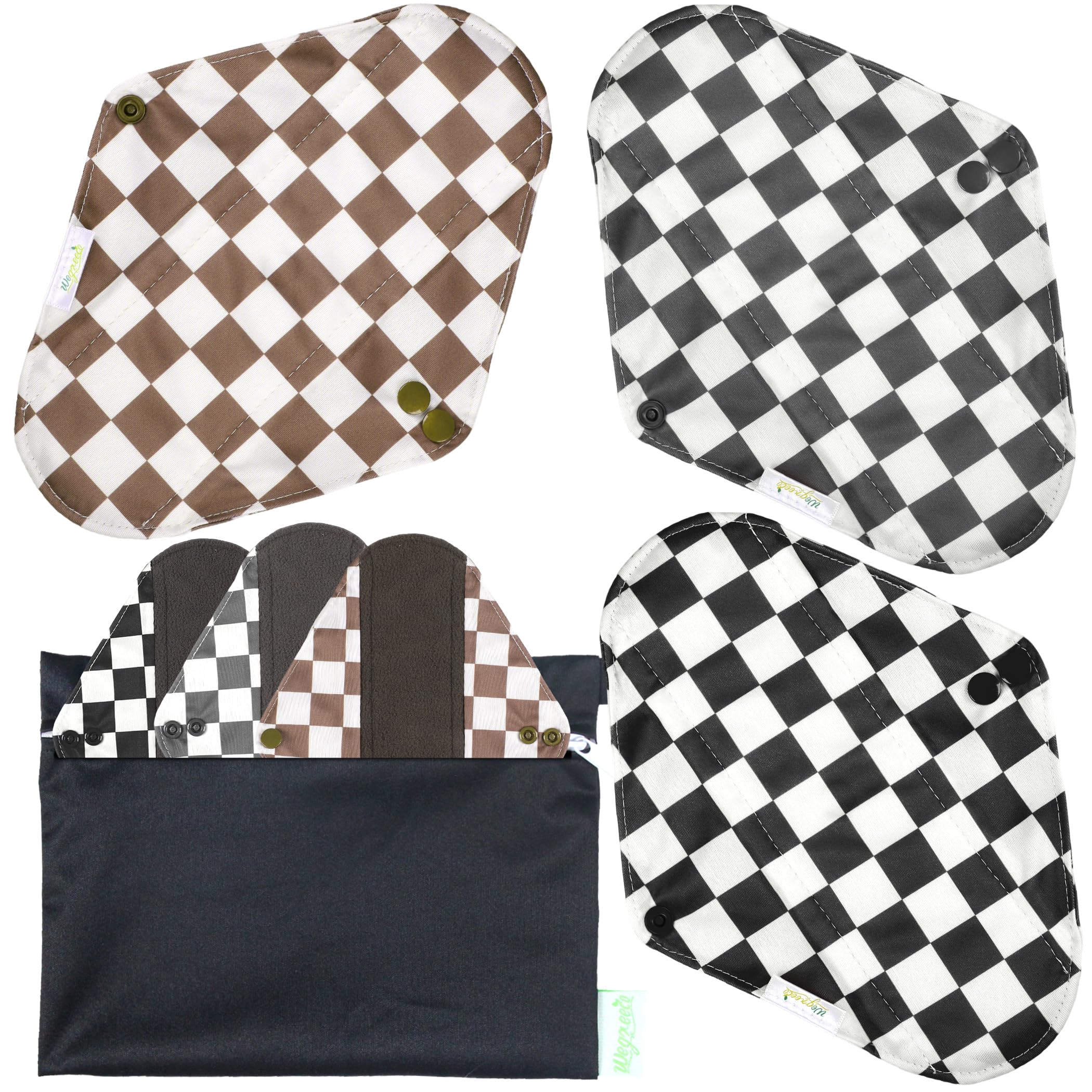wegreeco Charcoal Reusable Menstrual Pads - Reusable Sanitary Pads | Reusable Panty Liners | Soft Cloth Menstrual - 6 Pack with 1 Cloth Mini Wet Bag (Small, Black, Gray, and Brown Checkered)