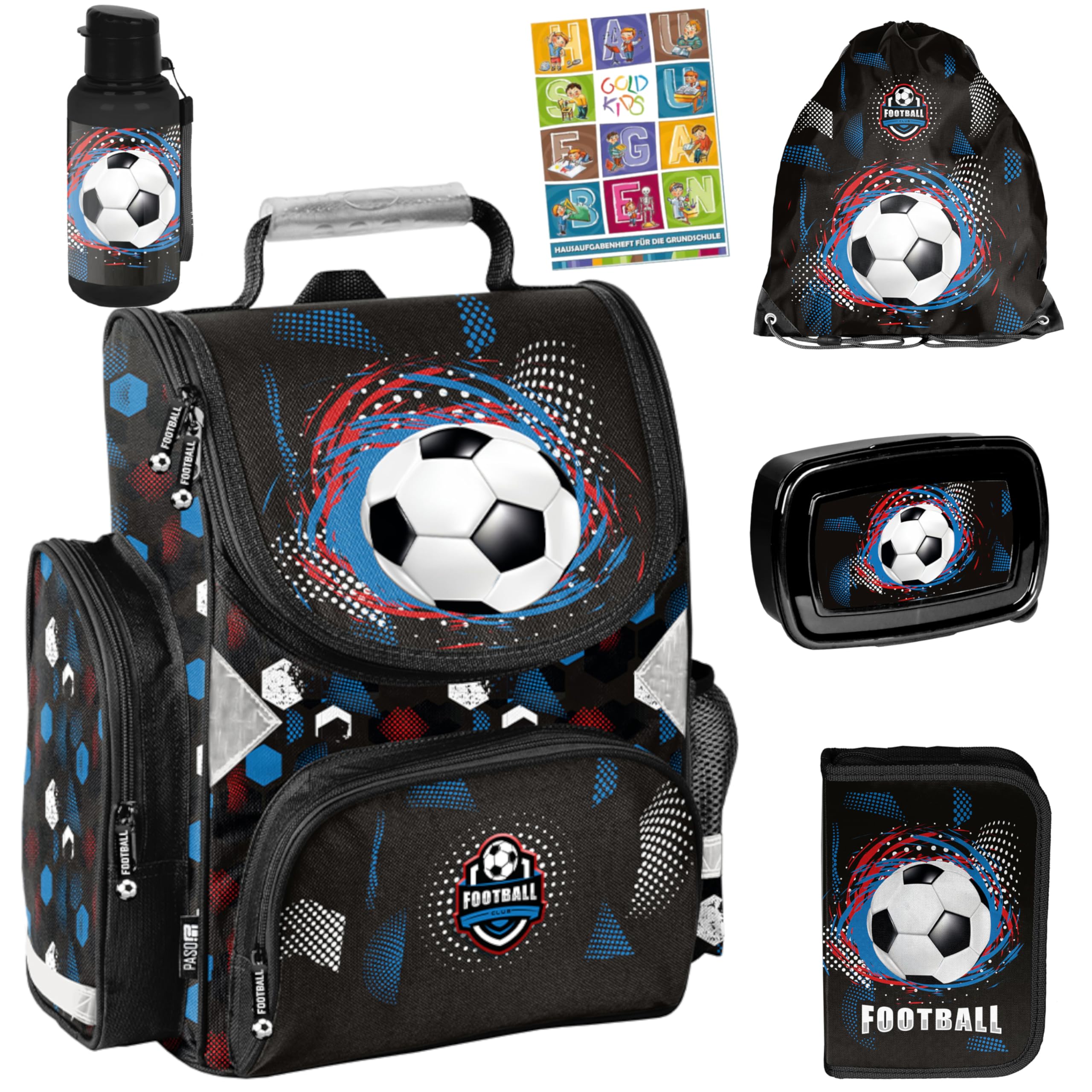 PASO - Schulranzen für Jungen und Mädchen, 6er-Set - Schul-Rucksack für Kinder mit Federmäppchen - Schuhbeutel Trinkflasche und Brotdose - Ball Motiv - 1-3 Klasse