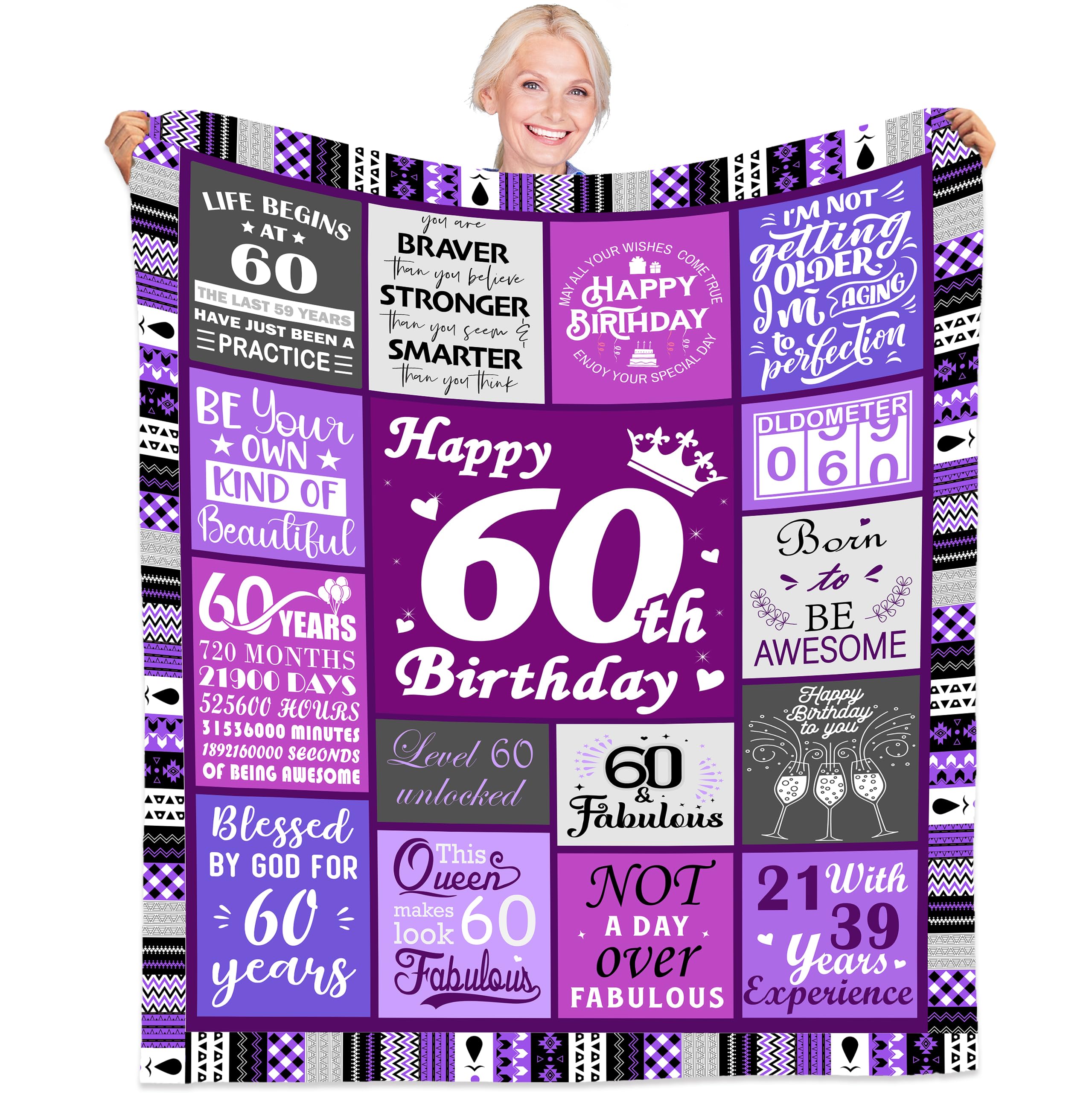 Aleture Women's 60Th Birthday Gifts For 1966 Happy Birthday Decorations For 60 Year Old Unique Best Birthday Gift Ideas For Her Friend Mom Sister Grandma Wife, 60"X50" Soft Throw Blanket Purple