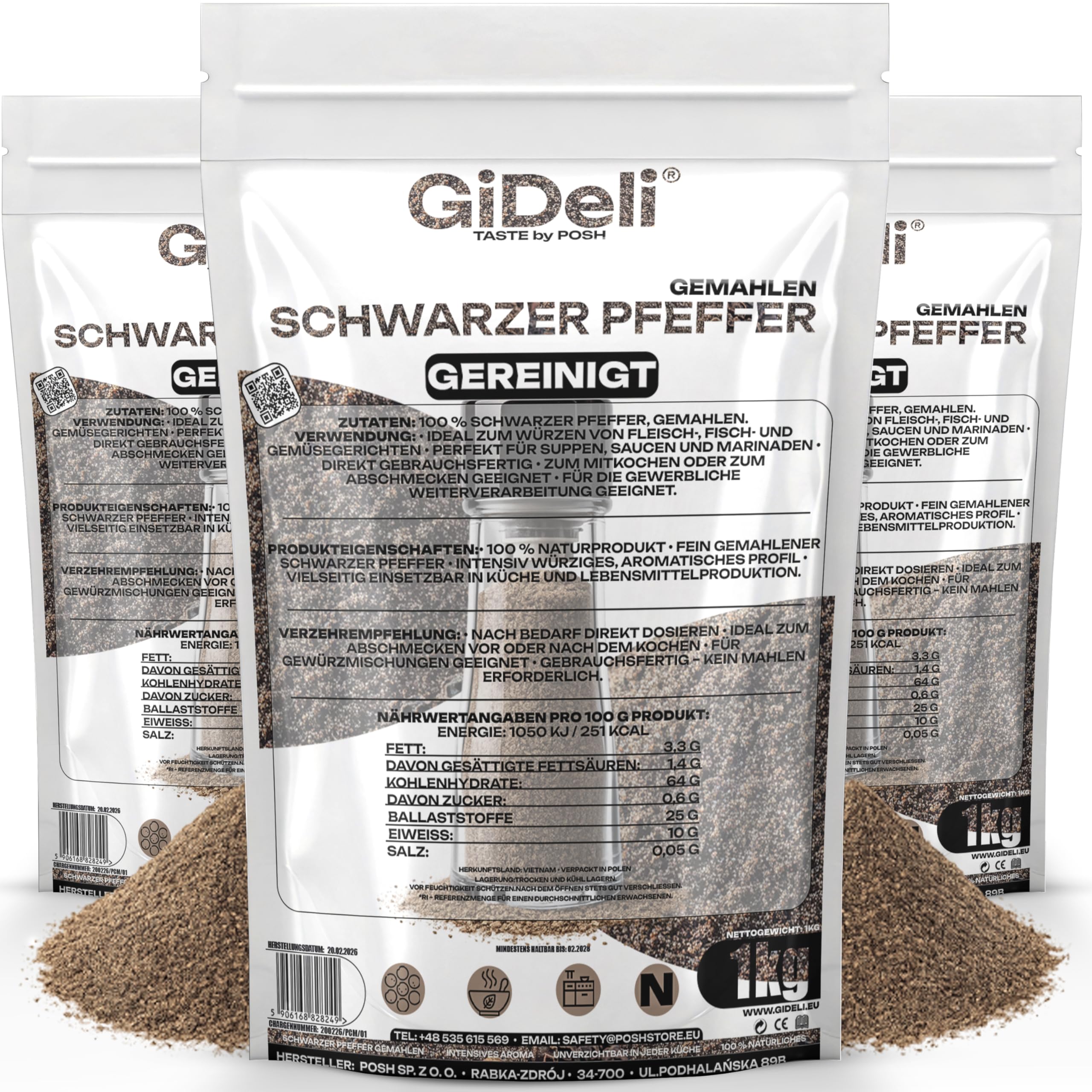 GiDeli Schwarzer Pfeffer Gemahlen 3 x 1kg - Pfefferpulver für Suppen, Saucen und Fleischgerichte - Aromatisch und Vielseitig - 100% Naturrein ohne Zusätze