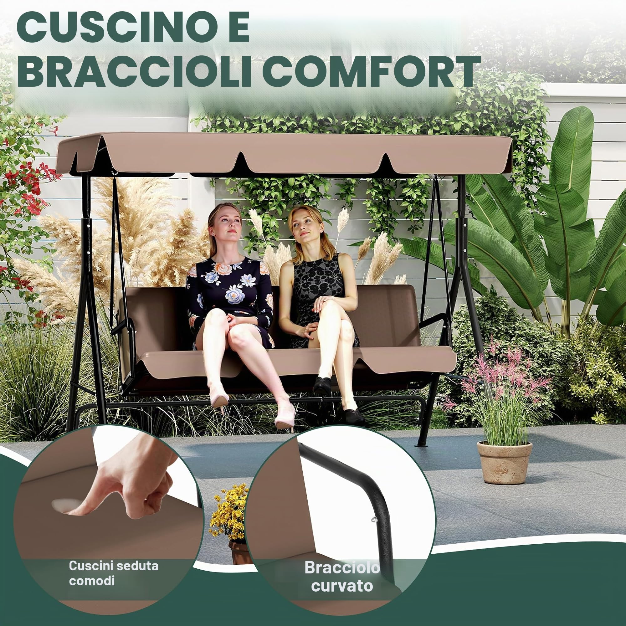 FIVMEN Dondolo da giardino a 3 posti, con rivestimento regolabile sul tetto, panca a dondolo da giardino, altalena sospesa, portata fino a 200 kg, 193 x 110 x 152 cm, marrone