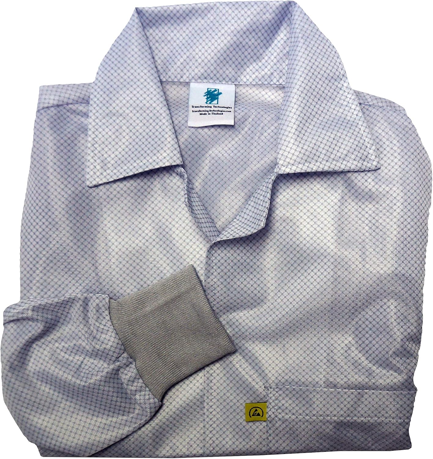 ESD Jacket, 90% Polyester, 10% Carbon, Knit Cuff, Hands Free Grounding, Good for 100 Washes, White, Large