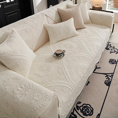 Miniatura 6 de vctops Funda acolchada de algodón para sofá, funda de sofá con bordado floral de granja, antideslizante, suave, festoneado, protector de muebles