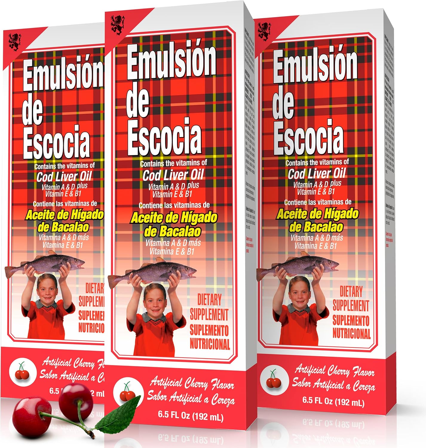 Emulsion de Escocia Cod Liver Oil Liquid with Vitamins A, D, E & B1, Omega-3 Fish Oil Supplement for Kids & Adults, Supports Immune & Bone Health, Cherry Flavor, 6.5 Fl Oz Bottles, 3-Pack