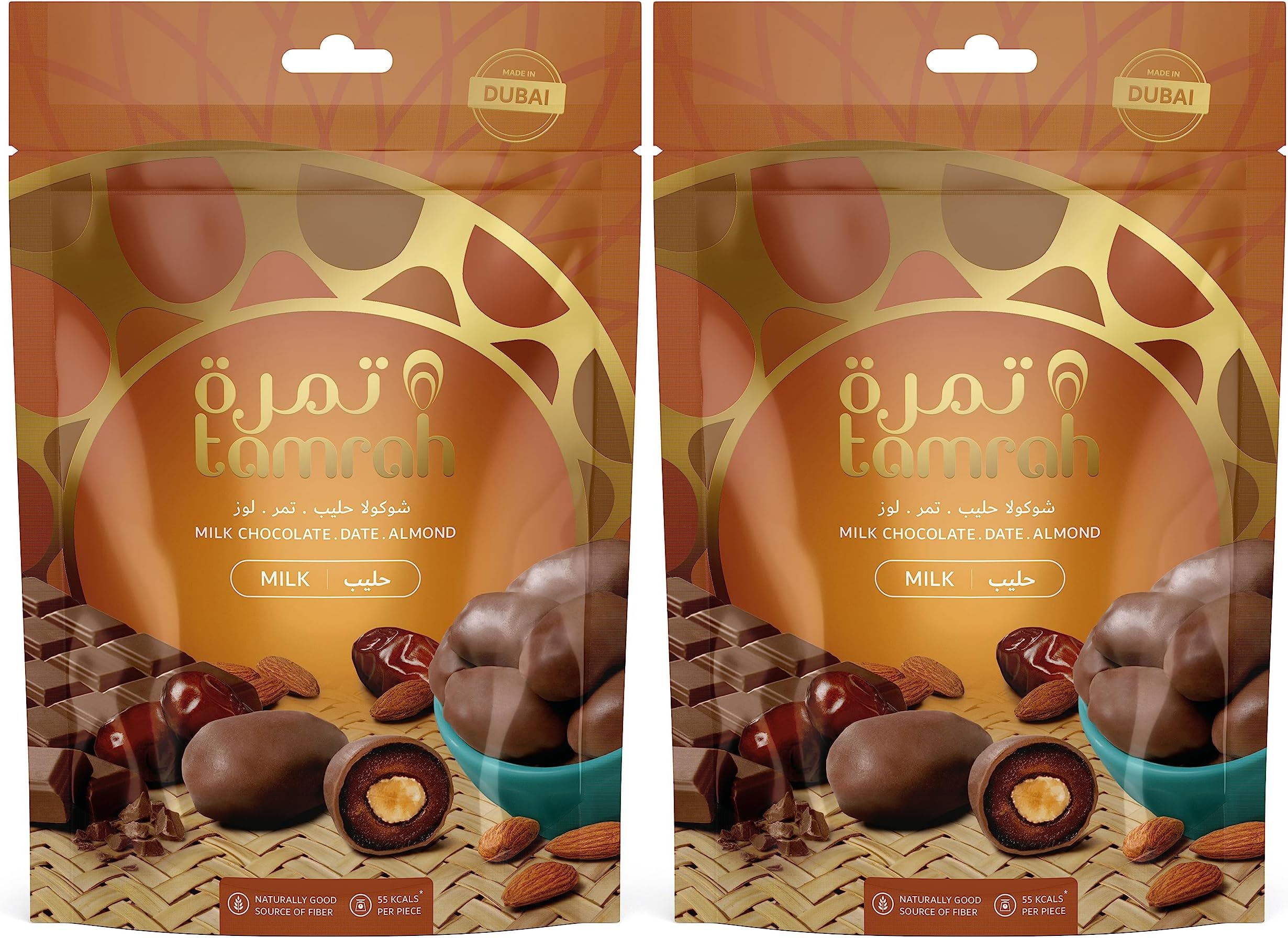 Tamrah Milk Chocolate Zipper Bag - Buy 2 100g Pack Combo of Premium Milk Chocolate-Coated Dates with Stuffed Almonds, Nutritious Snacks, Ideal for Gifting, Daily Treats, Kids' Favorite Chocolate