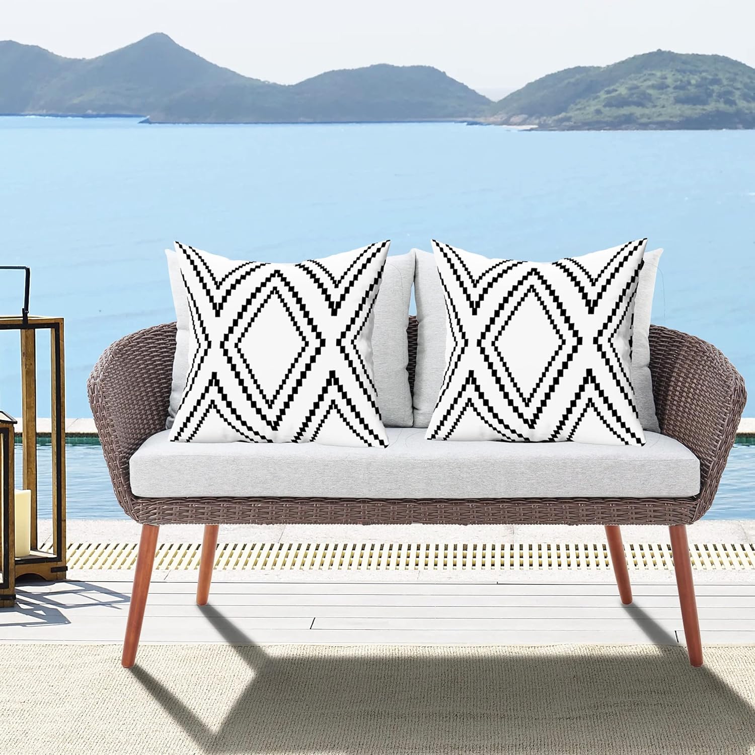 Outdoor Pillow Covers Set of 2, Waterproof Boho Throw Pillow Covers Geometric Pillow Cases for Patio Garden, White More (Black&White-02, 24x24 Inch)