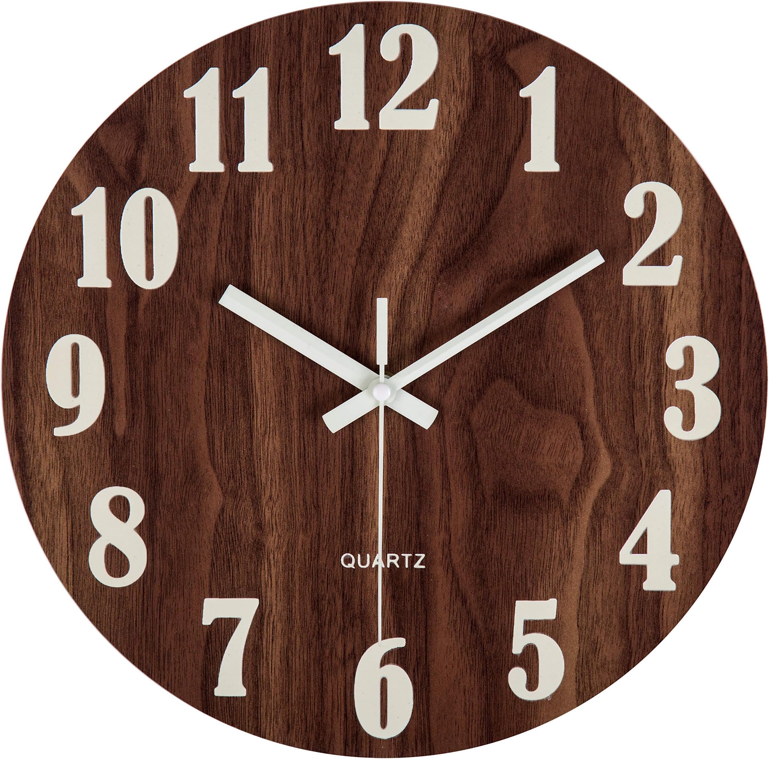 jomparis 12" Night Light Function Wooden Round Wall Clock Vintage Rustic Country Tuscan Style for Kitchen Bedroom Office Home Silent & Non-Ticking Large Numbers Battery Operated Indoor Clocks