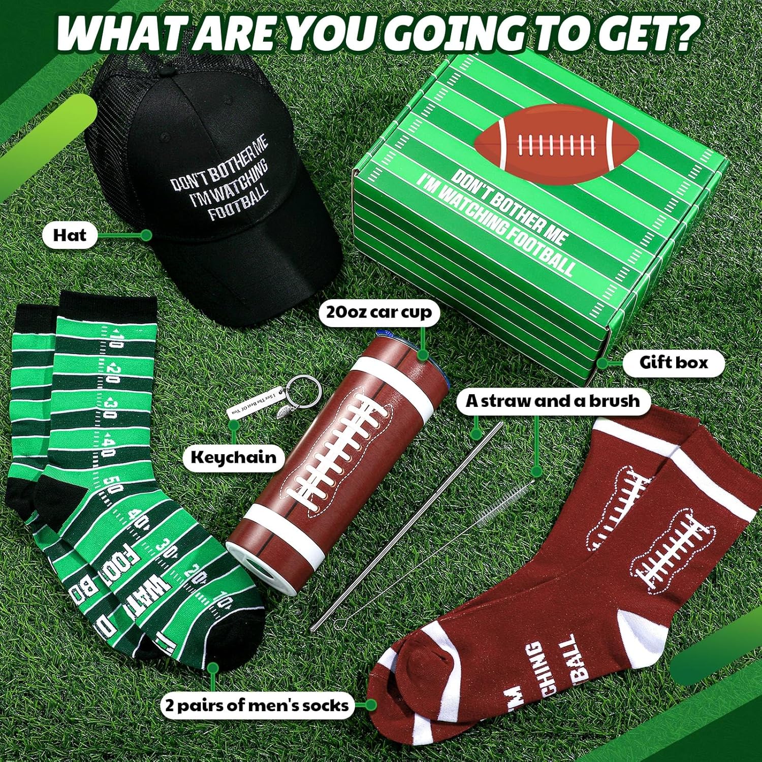 6 Pcs Football Fan Gift Set: Insulated Stainless Steel Tumbler, Socks, Cap, Keychain & Box - Multi Colors, 20 Oz Capacity - Image 2