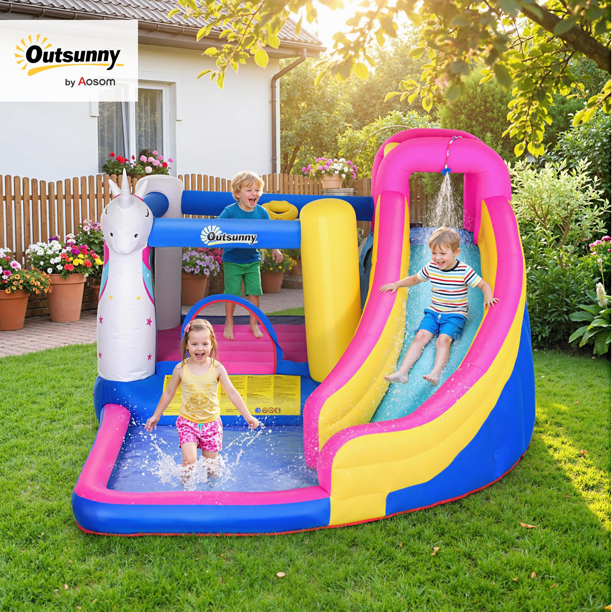 Outsunny Castillo Hinchable para Niños Castillo Inflable Infantil en Forma de Unicornio Parque Acuático con Tobogán Piscina Cama de Salto Inflador y Bolsa de Transporte 360x305x210 cm para 3-8 Años