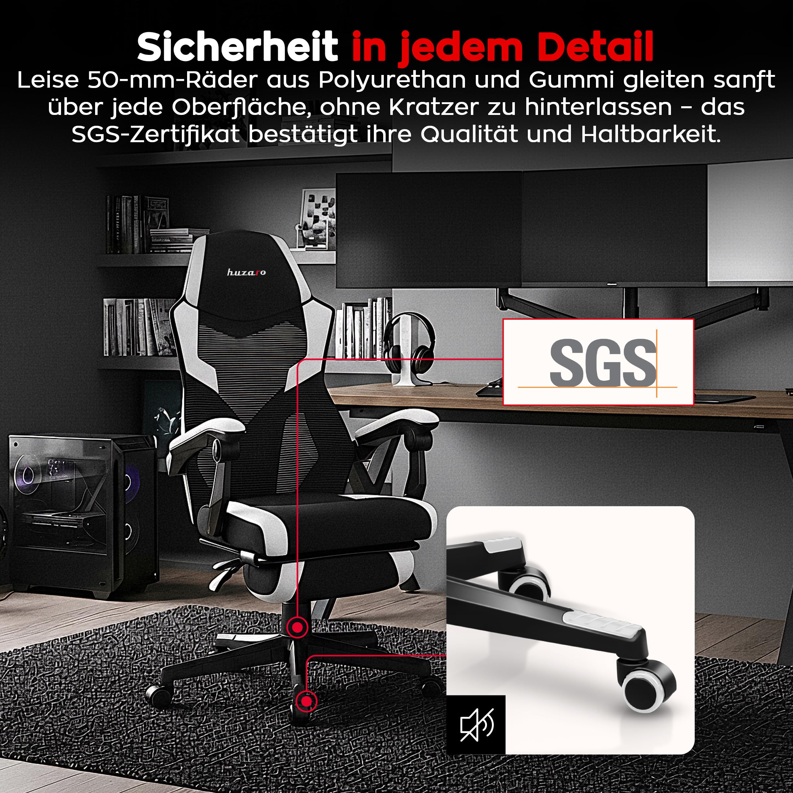 huzaro Combat 3.1 krzesło biurowe dla graczy, ergonomiczne krzesło z podnóżkiem, regulowane oparcie 135°, oddychająca siatka, obciążenie do 150 kg, ciche kółka, kolor biały