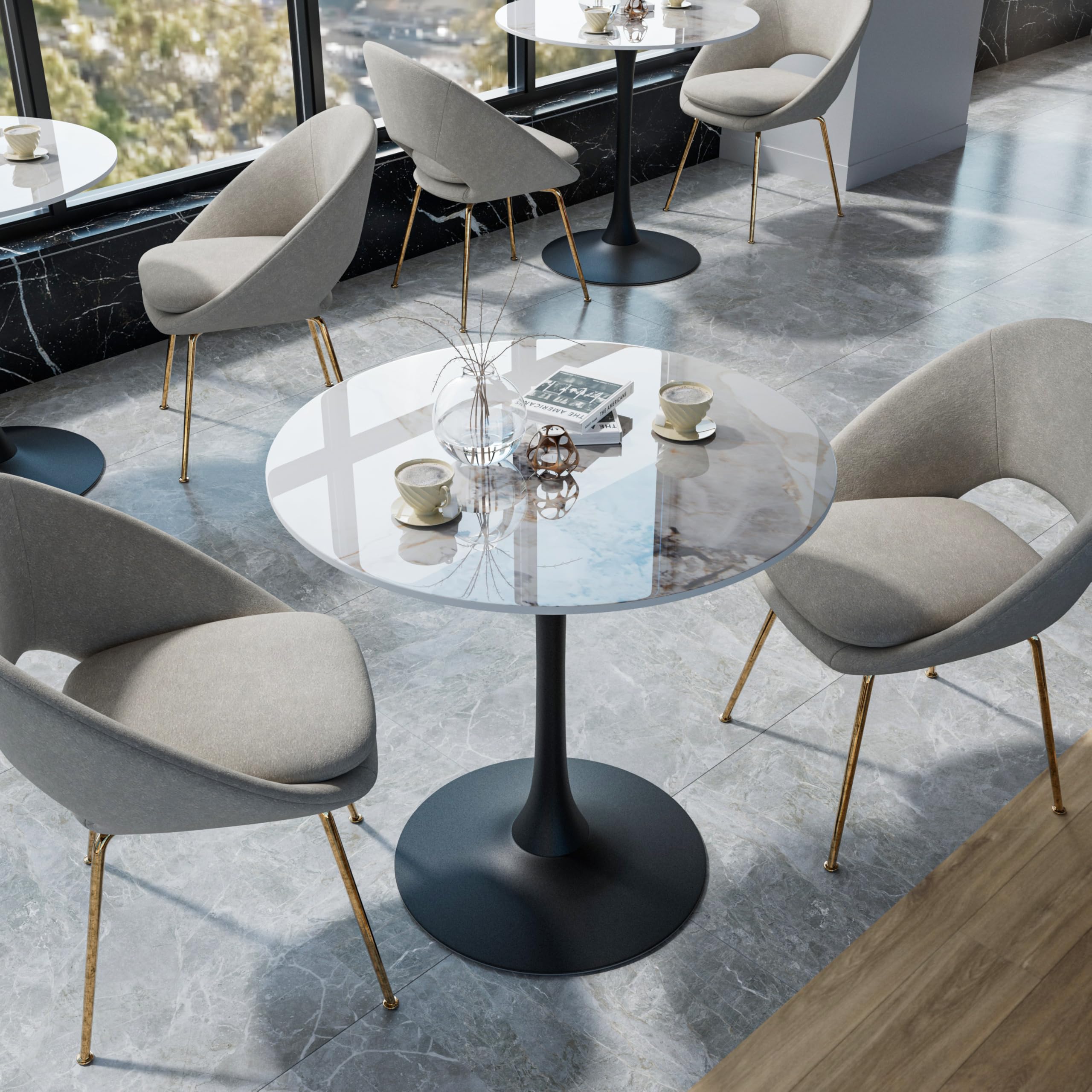 FATIVO Kitchen Dining Table Marble Tabletop: Round 76cm Modern Sintered Stone Cold Jadeite Natures White Marble Top Dinner Tables with Black Round Pedestal Base for Home Coffee Shop Restaurant — image 1