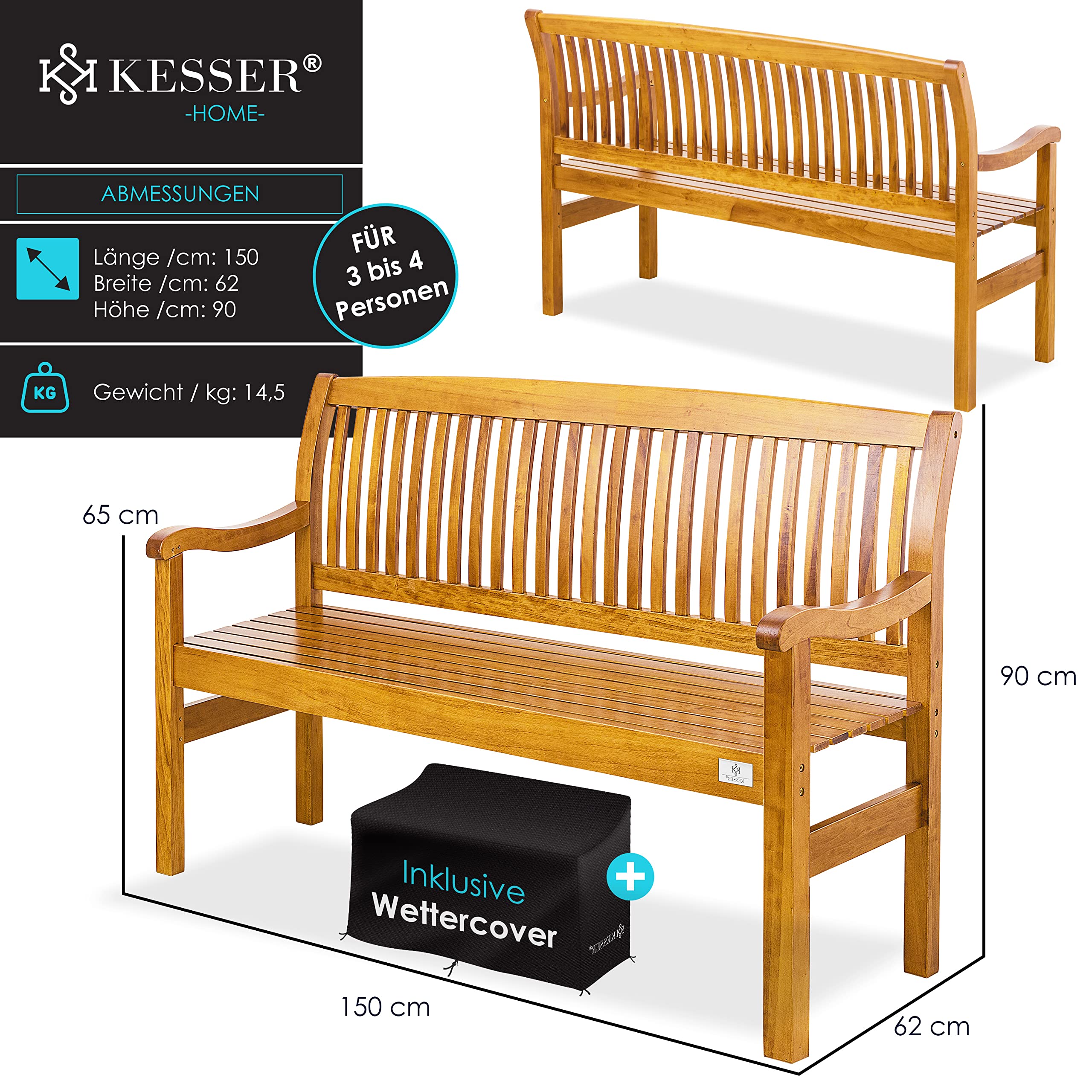 KESSER® Gartenbank Holz Holzbank wetterfest | Für 3 bis 4 Personen | Parkbank aus Massivholz | Sitzbank 320 kg belastbar 150 cm | Balkonbank Bank für Balkon Terrasse & Garten inkl. Cover Hellbraun