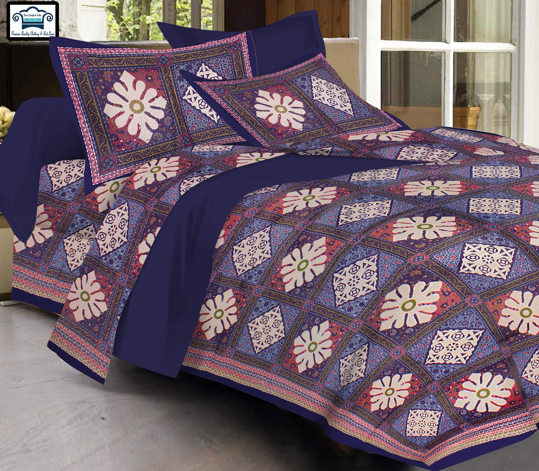 PURE COMFORT 100% Cotton Jaipuri Printed King Size Double Bedsheet with 2 Pillow Covers, Blue (PCI29414)